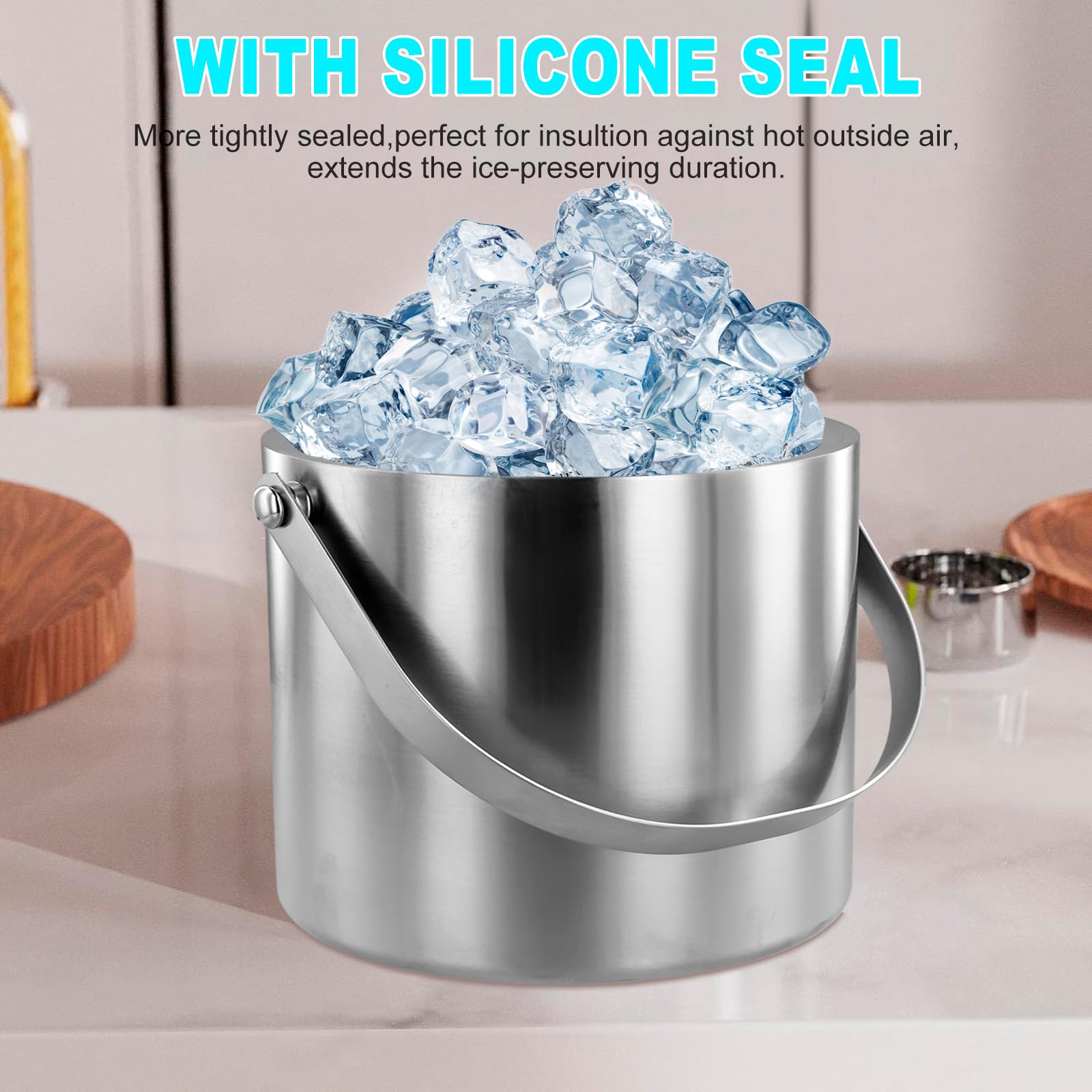 Premium Stainless Steel Ice Bucket with Lid - 3L Double-Walled Insulated Container with Strainer & Tong - Leakproof Silicone Cover for Cocktails, Wine, and Party Drinks - Perfect for Home Bars, Weddings, and Outdoor Gatherings (Silver)