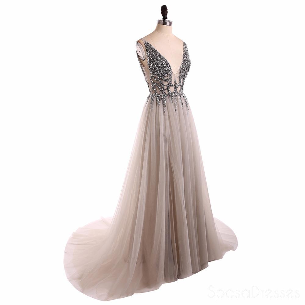 Elegant Grey V-Neck Beaded Long Evening Prom Dress for Women - Sexy See-Through Sweet 16 Dresses - Perfect for Formal Events, Parties & Special Occasions (Style 18351)