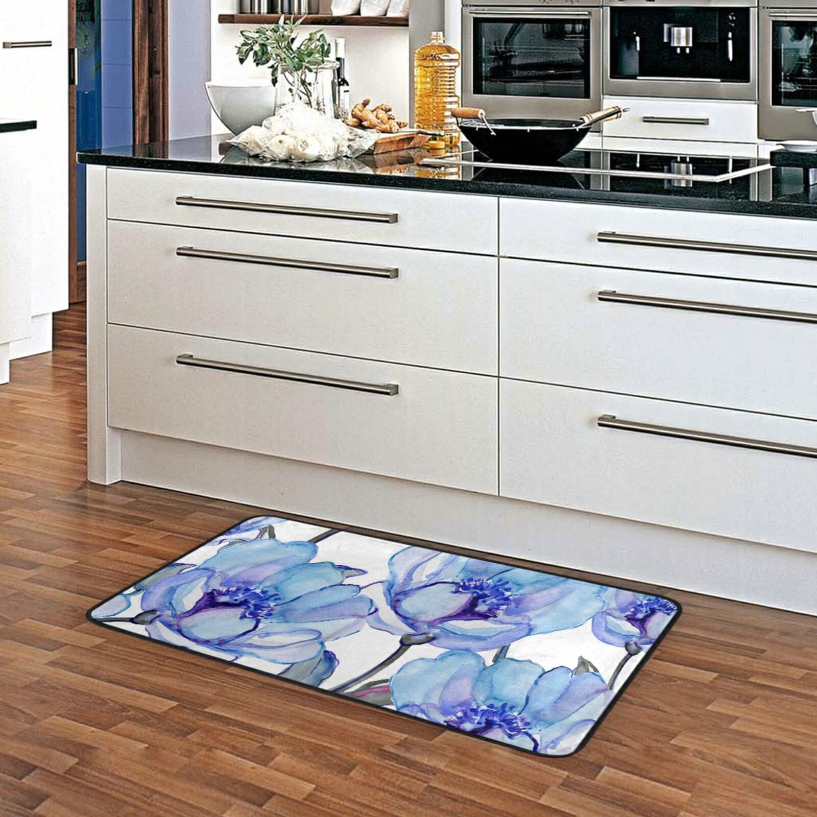 Spring Floral Kitchen Rugs - Soft Non-Slip Floor Mats with Blue Flower Pattern (39x20 Inch) - Waterproof Bath Rug, Runner & Doormat for Kitchen, Bathroom & Entryway Decor