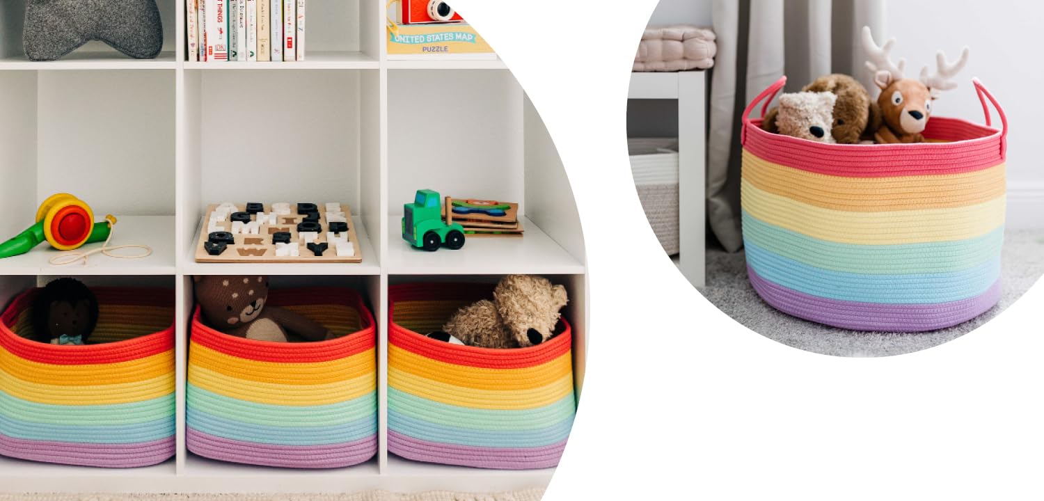 Extra Large Storage Basket Set of 3 - Woven Decorative Baskets for Home Organization, Nursery, Laundry & Closet Storage - Rainbow Color Collection