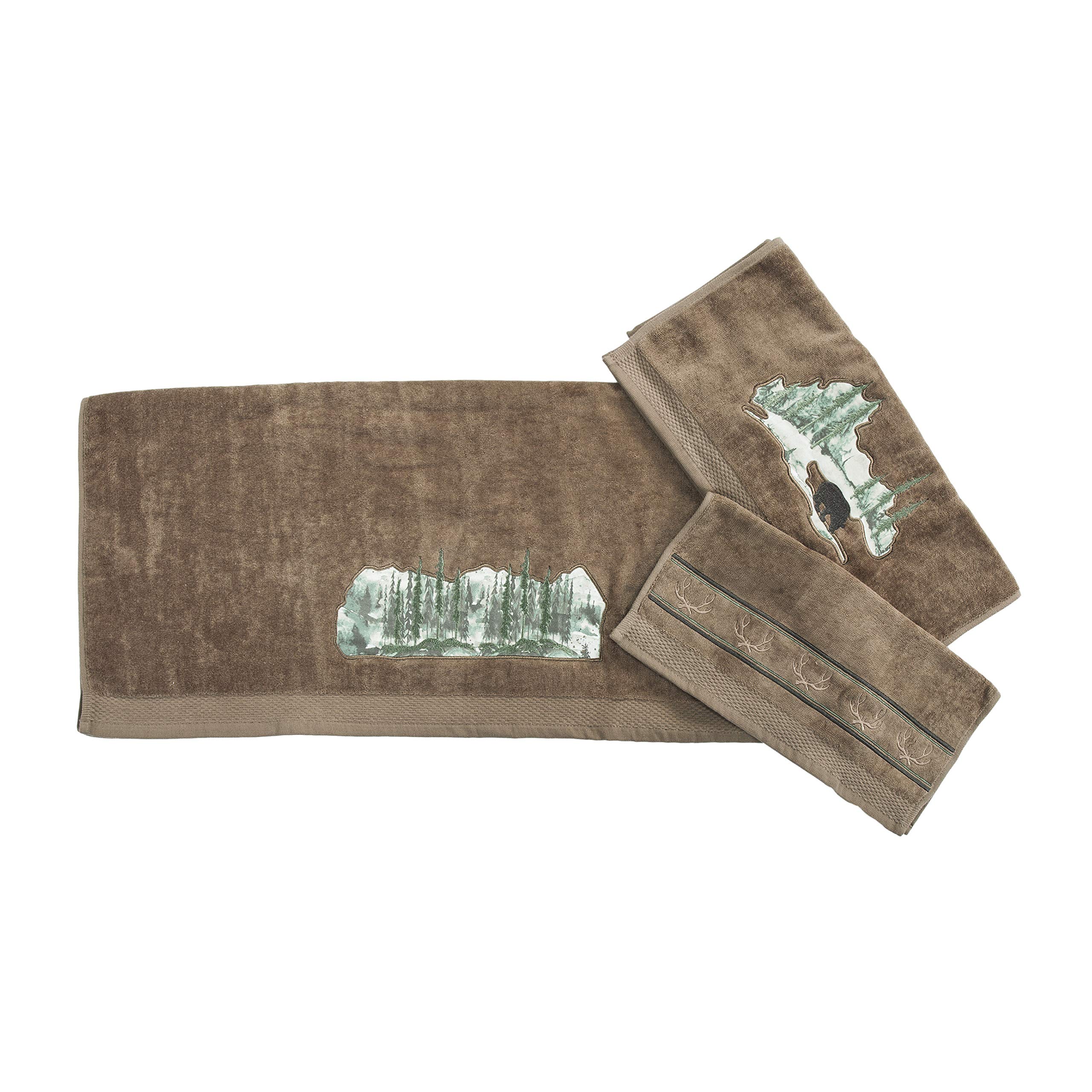 HiEnd Accents Joshua 3-Piece Rustic Bathroom Towel Set - Mocha & Forest Pine Tree Bear Antler Cabin Theme (Bath Towel, Hand Towel, Washcloth) - Perfect for Lodge, Cabin, or Rustic Home Decor