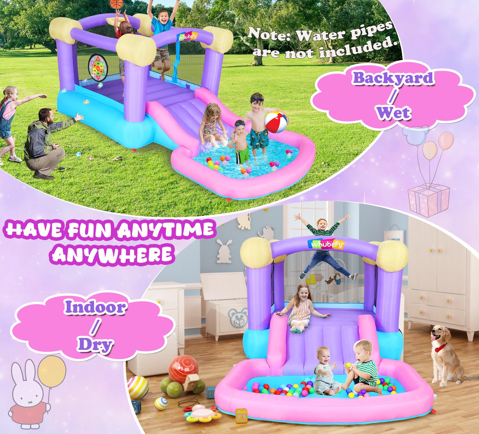 Inflatable Bounce House for Kids 3-6 Years - Pink Jumping Castle with Ball Pit, Slide & 470W Blower | Includes 50 Ocean Balls & 6 Sticky Darts | Indoor/Outdoor Toddler Playhouse for Birthday Parties, Backyard Fun & Girls' Gift Ideas
