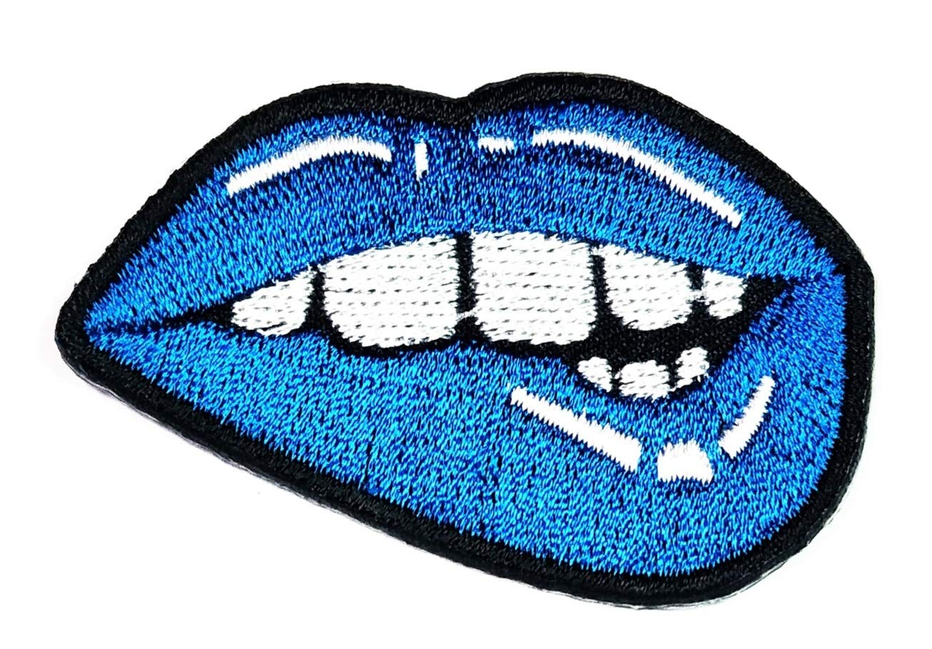 Kiss Blue Lips Iron On Patch - Sexy Mouth Bite Embroidery Applique for DIY Clothing, T-Shirts, Backpacks & Caps | Cartoon Costume Accessories for Parties & Cosplay