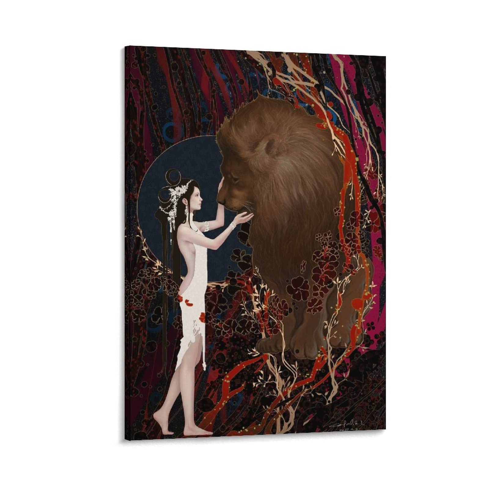 Fairy Princess and Lion Modern Art Canvas Poster - 24x36 Inch (60x90cm) Wall Decor for Living Room, Bedroom & Office - Aesthetic Home Decoration Gift with Frame Style 1 | Perfect for Nursery, Kids Room & Fantasy Themed Spaces