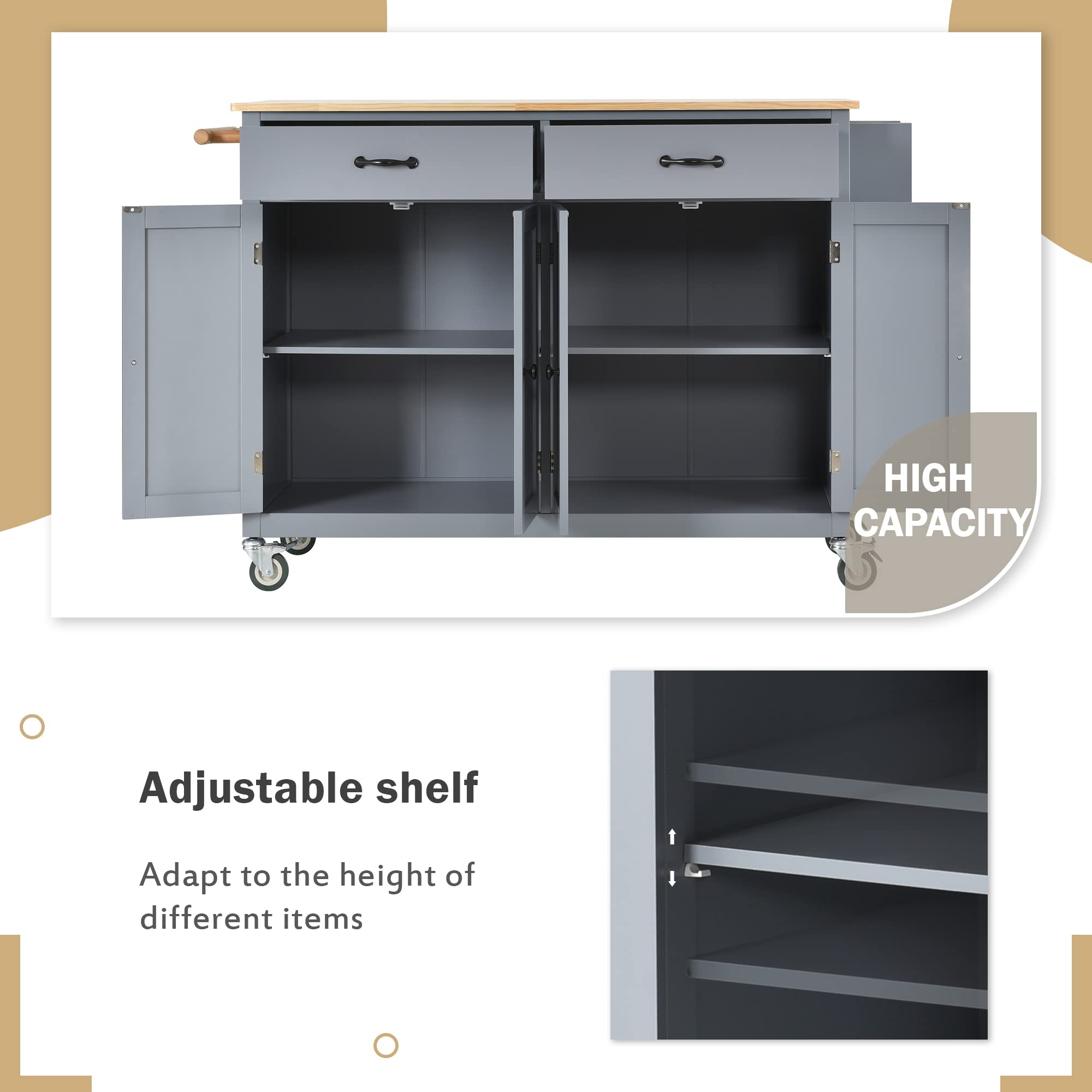 Goujxcy Kitchen Island Cart on Wheels - Rolling Mobile Kitchen Trolley with Storage Cabinet, Drawers & Towel Rack | Solid Wood Countertop, Lockable Casters & Adjustable Shelves | Perfect for Small Kitchens, Dining Rooms & Food Prep Areas