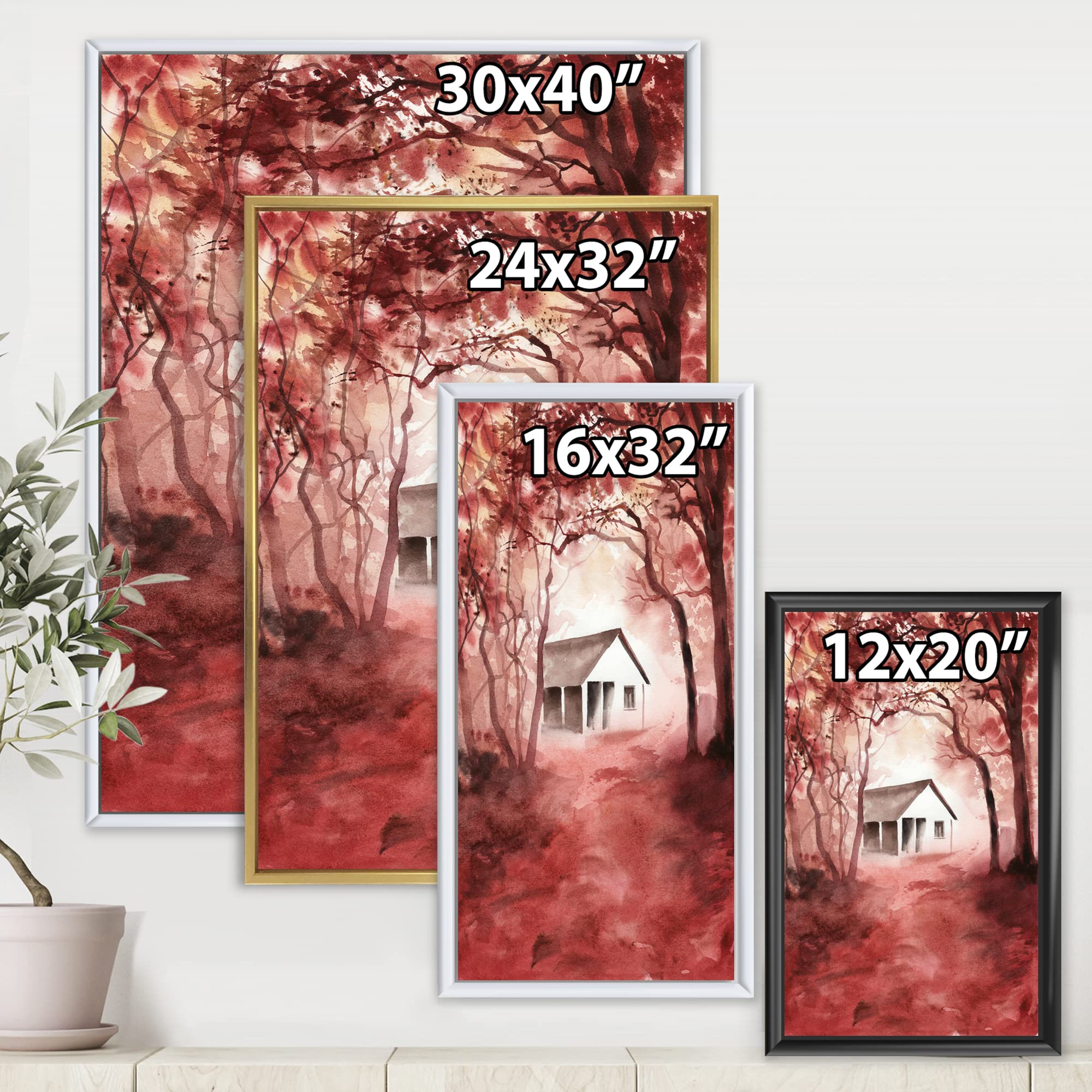 DesignQ House In Red Autumn Woods - Rustic Cabin & Lodge Framed Canvas Wall Art Print for Living Room, Bedroom, or Office Decor