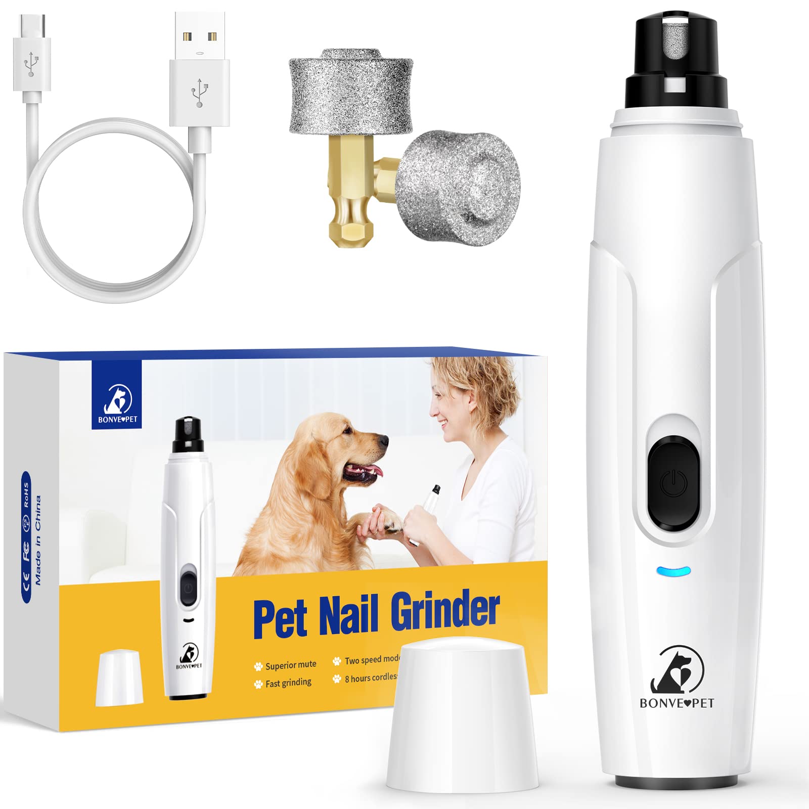 Bonve Pet Nail Grinder for Dogs & Cats - Quiet Rechargeable Dog Nail Trimmer with 2 Speeds & 2 Grinding Wheels for Small to Large Pets - Perfect for Grooming at Home or Professional Use