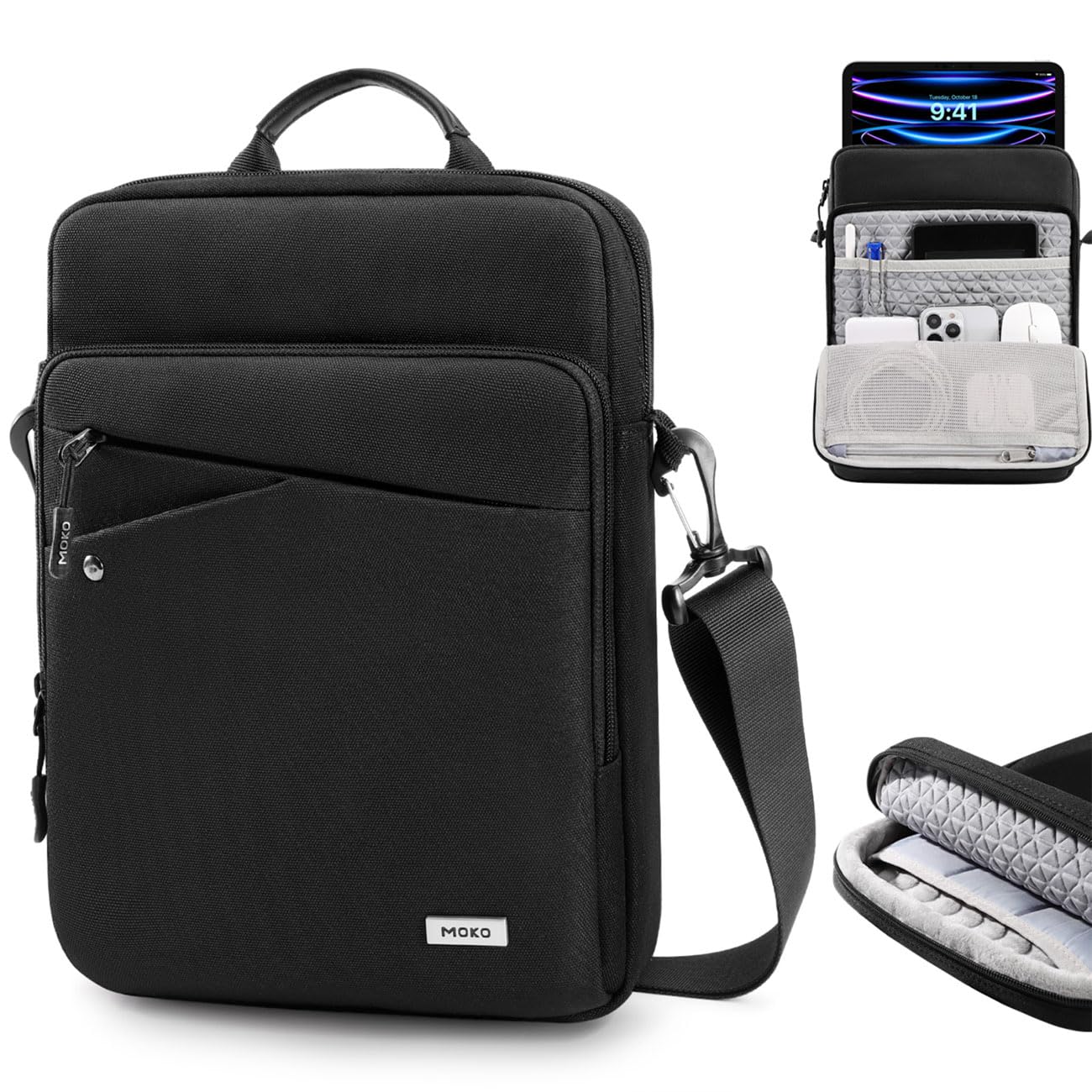 MoKo 12.9 Inch iPad Sleeve Case - 360° Protective Tablet Bag with Shoulder Strap for iPad Pro M4/M2/M1, iPad Air M2 2024, Galaxy Tab S9+/S8+ 12.4 - Perfect for Travel, Office & School Use (Black)