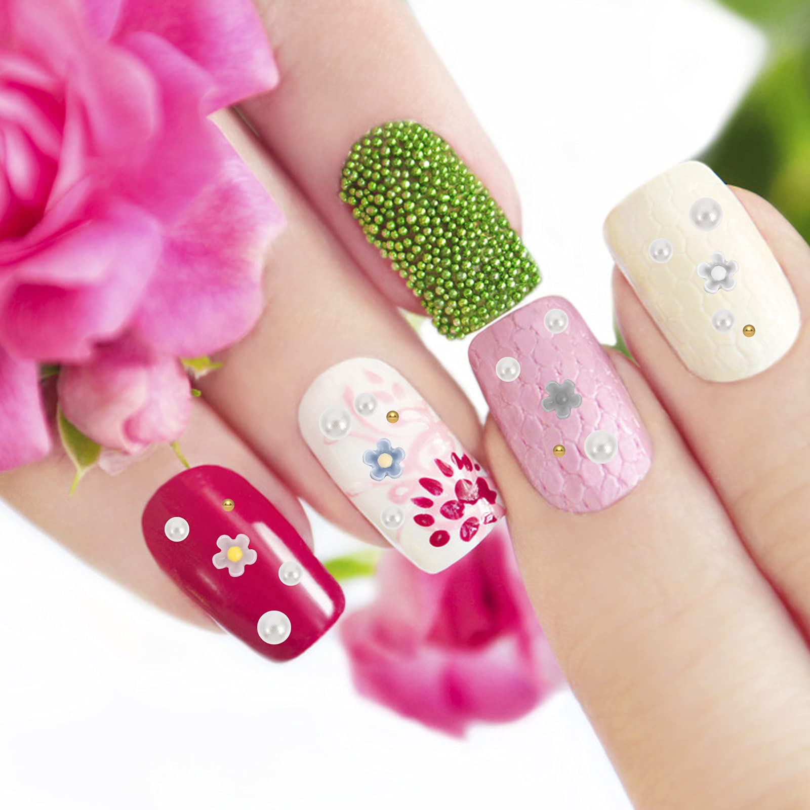 6 Pack Nail Art Stickers Kit - Floral Nail Charms, Gems, Pearl & Plastic Flower Decorations for DIY Manicure & Nail Art Designs | Perfect for Parties, Weddings, Salons & Home Nail Care