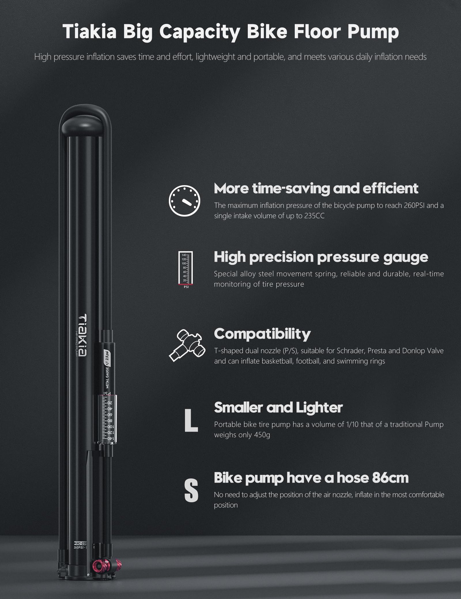 Tiakia High Pressure Bike Pump with Gauge - Portable Aluminum Bicycle Tire Pump for Presta & Schrader Valves - Ideal for Mountain Bikes, Road Bikes, Strollers and Sports Balls | Perfect for Home, Garage & Outdoor Cycling Adventures