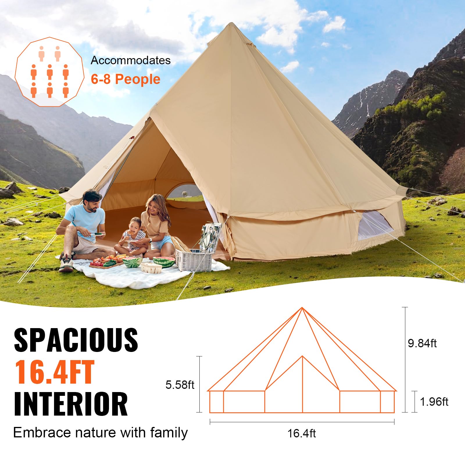 VEVOR 4-Season Canvas Bell Tent with Stove Jack - Breathable Yurt Tent for Camping, Hunting & Outdoor Adventures - Fits 4 People - Perfect for Family Camping, Backpacking & Glamping