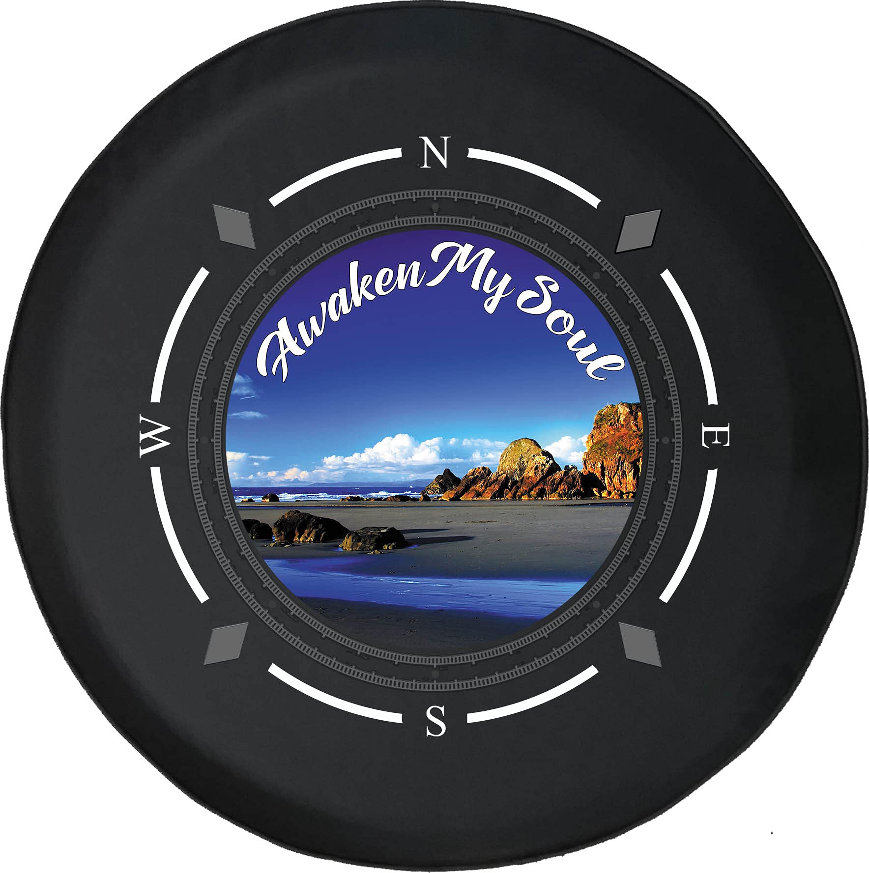 American Unlimited Spare Tire Cover with Compass Design - 'Awaken My Soul' Beach & Low Tide Theme - Universal Fit for SUV, Trailer, RV & Most Vehicles - Perfect for Road Trips, Camping & Outdoor Adventures