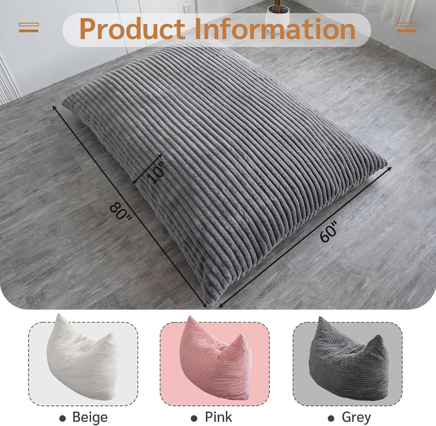 MAXYOYO 3-in-1 Convertible Bean Bag Chair - Soft Striped Faux Fur Large Floor Pillow for Kids & Adults - Dark Grey - Perfect for Living Room, Bedroom & Game Room Relaxation