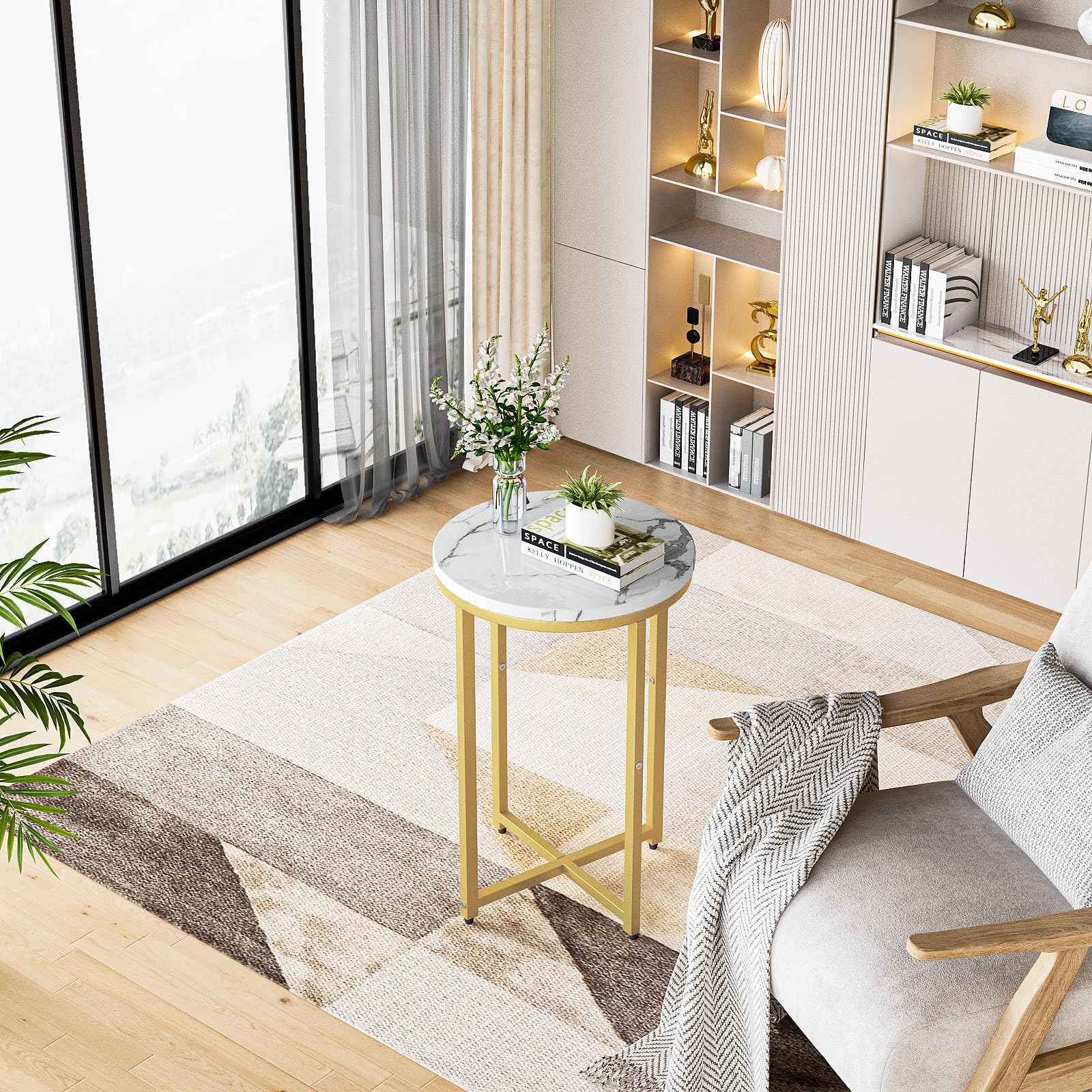Modern Gold Side Table Set of 2 - Round Coffee & End Tables with Gold Metal Frame & White Marble Top - 16