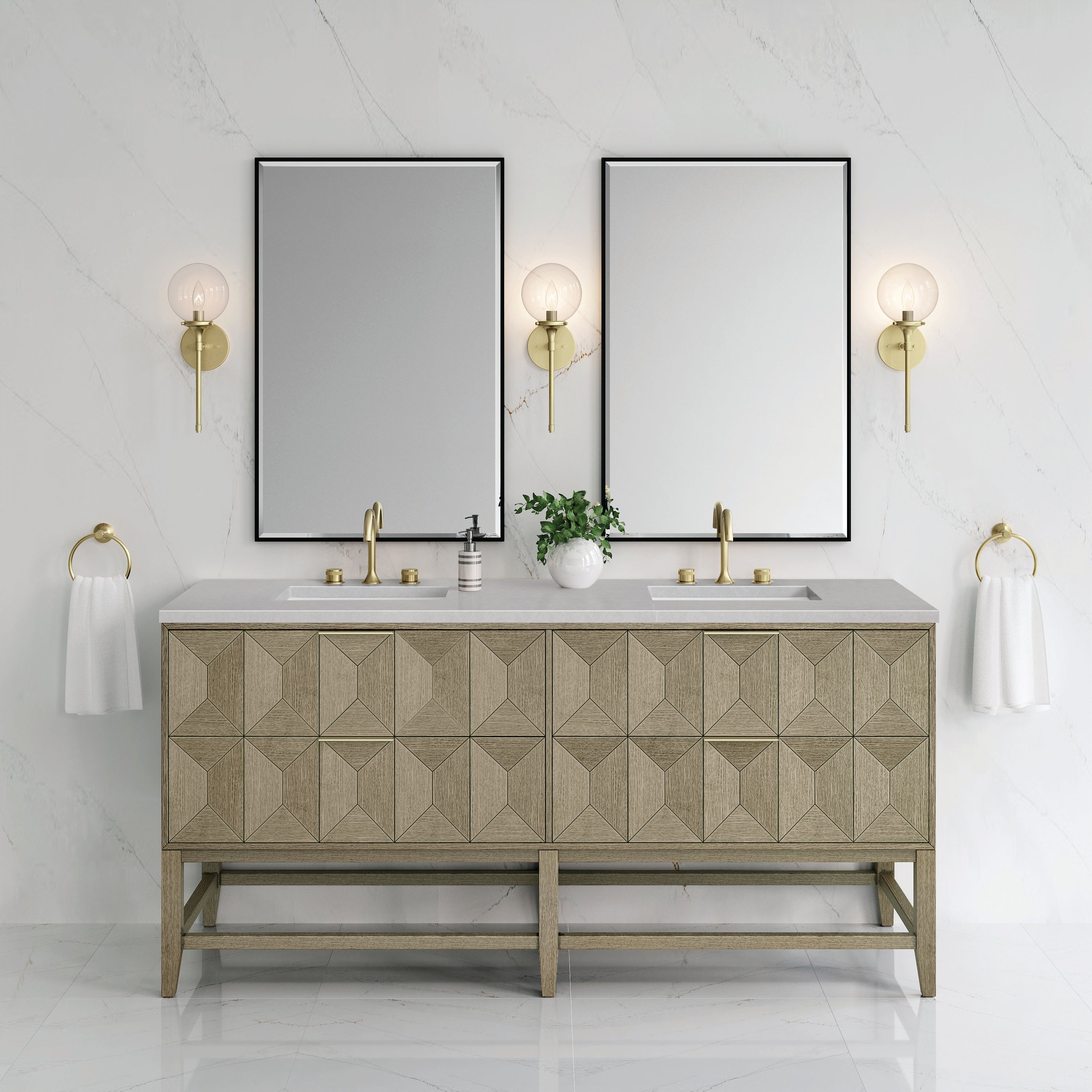 Emmeline 72 Inch Double Bathroom Vanity with Pebble Oak Finish & 3CM Eternal Serena Quartz Top - Perfect for Master Bathroom Renovation & Modern Home Decor
