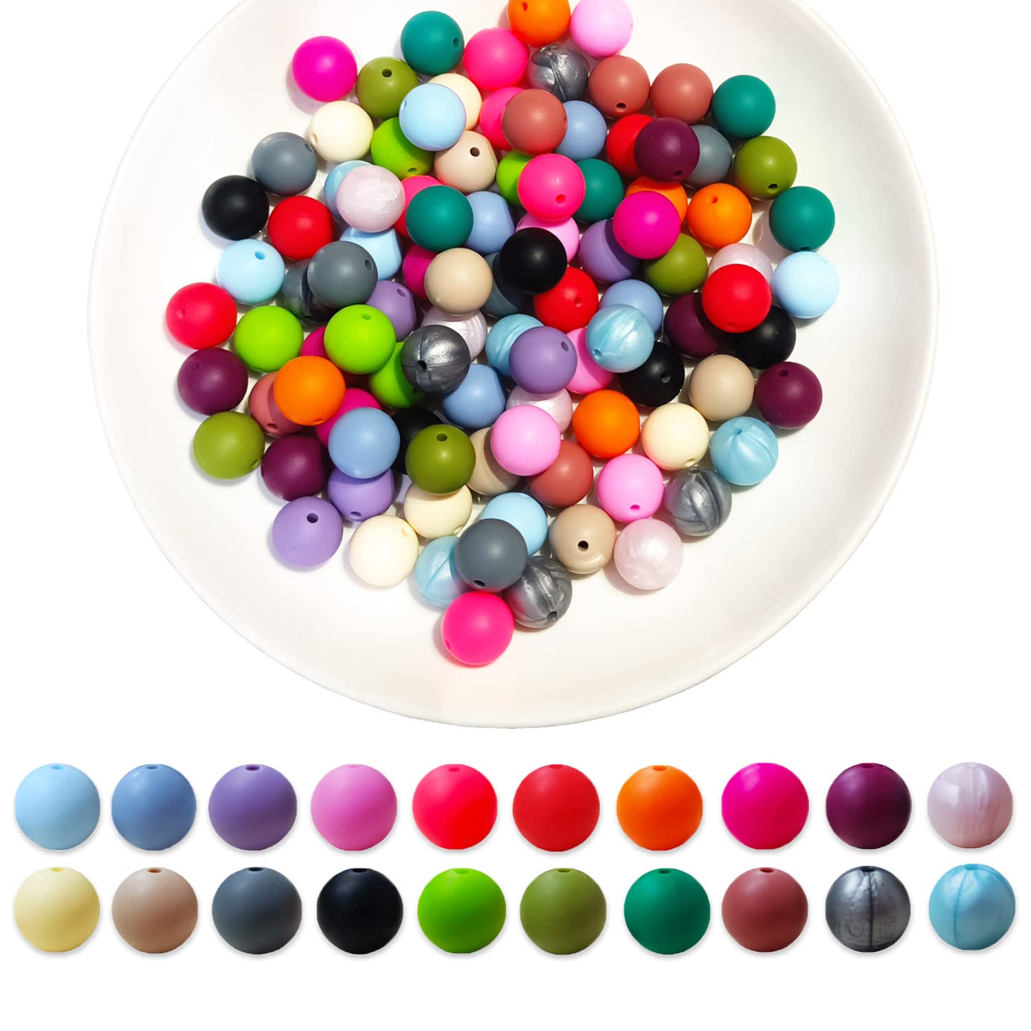 15mm Colorful Silicone Beads for DIY Jewelry Necklaces & Keychains - BPA Free Round Beads (100pcs) - Perfect for Bracelets, Earrings & Craft Projects