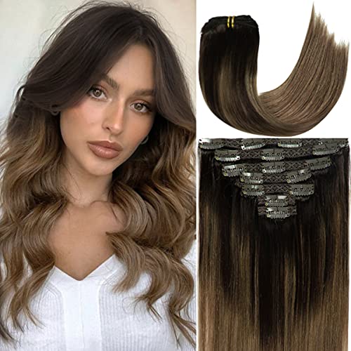 Caliee Clip-in Human Hair Extensions 20 Inch - Balayage Dark Brown #2 to Chestnut Brown #6 - Long Straight Silky Double Weft 7-Piece Set (140g) - Perfect for Parties, Weddings & Everyday Styling