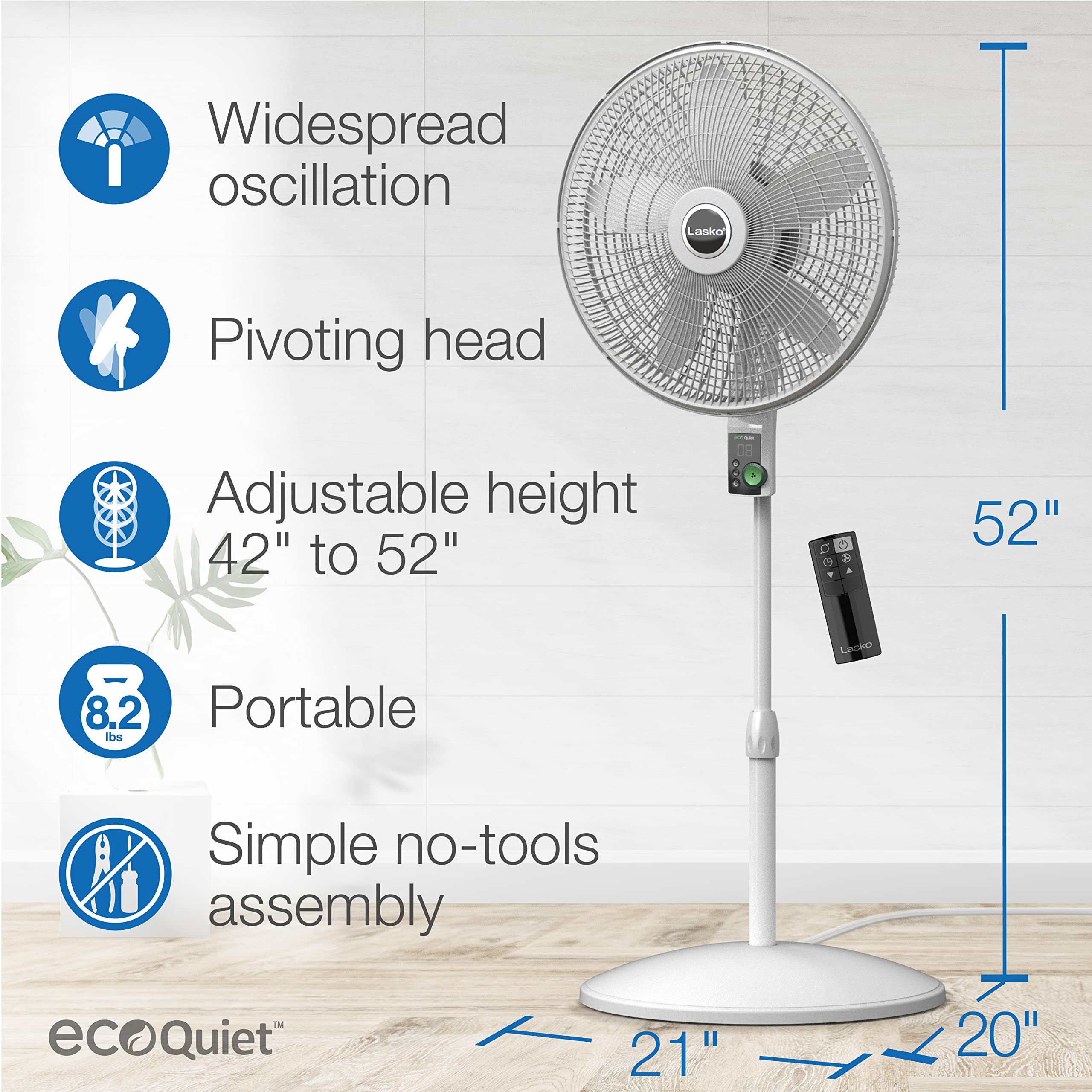 Lasko EcoQuiet Oscillating Pedestal Fan with Whisper Quiet DC Motor - 12 Speed Settings, 8 Hour Timer, Adjustable Height & Remote Control - White Large (Model S18705) for Bedroom, Living Room & Office Cooling