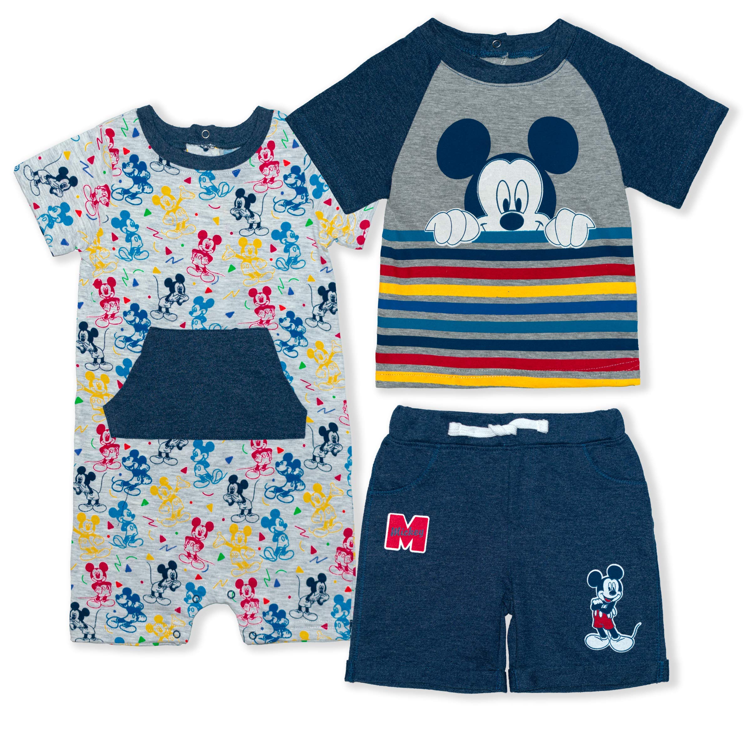 Disney Mickey Mouse Baby Boys Outfit Set - Grey/White or Navy/Grey 2-Piece T-Shirt & Shorts or Romper | Cute Infant Clothes for Playtime, Photos & Everyday Wear