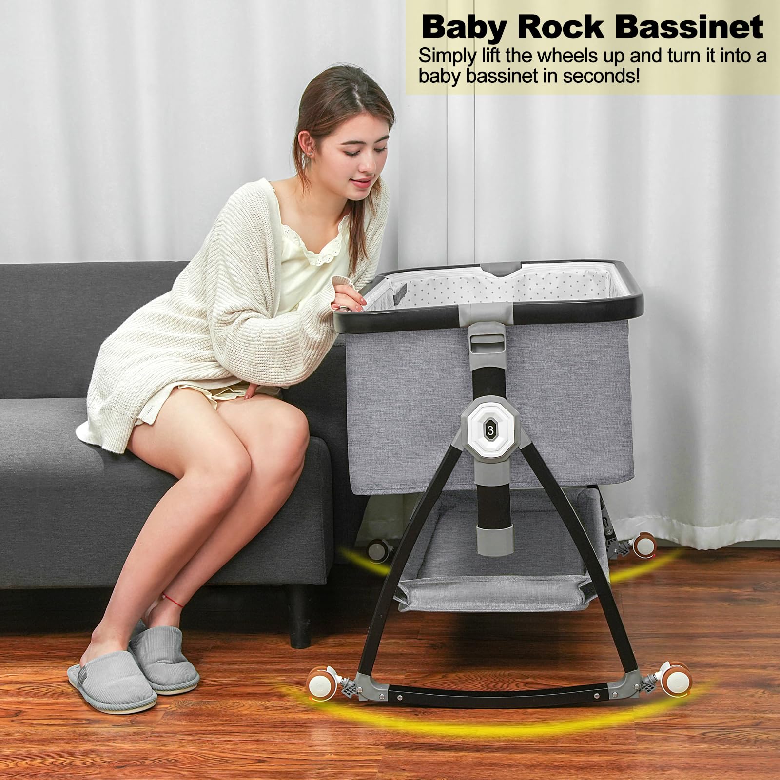 **3-in-1 Adjustable Baby Bassinet Bedside Sleeper – Portable Crib with 6 Height Levels, Wheels, Storage Basket & Mosquito Net for Newborns & Infants – Perfect for Nursery, Bedroom & Travel**