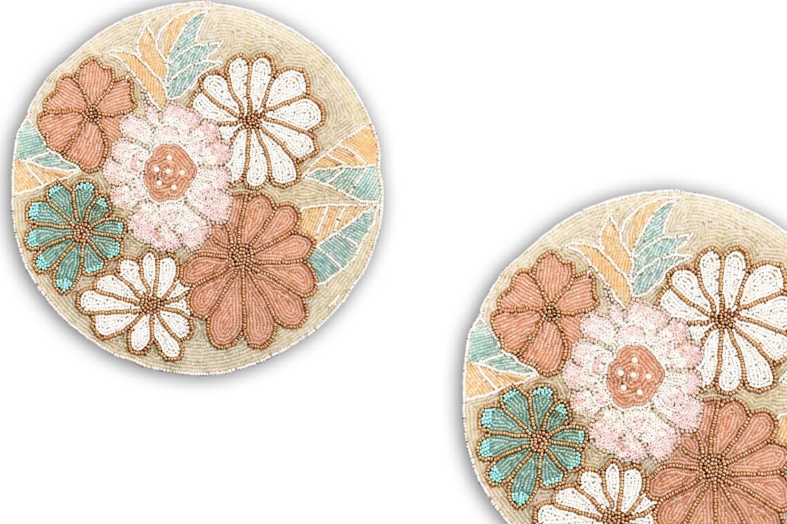 Handmade Floral Beaded Placemats - 13x13 Inch Summer Table Mats & Designer Charger Plates Set of 4 - Elegant Dining Decor for Weddings, Parties & Home Decor