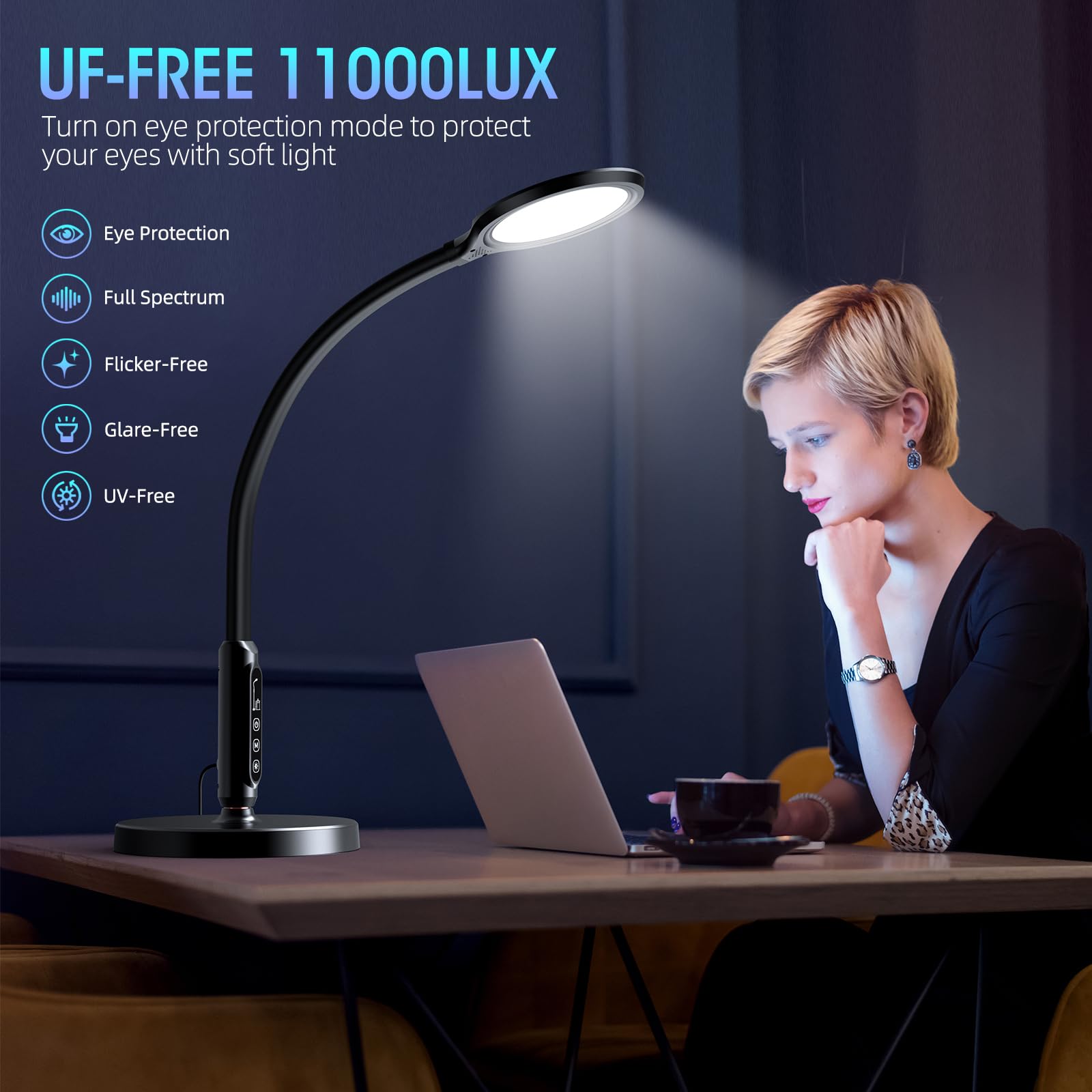 Happy Light Therapy Lamp 11000 Lux - UV-Free Full Spectrum LED Sunlight Lamp with 10 Brightness Levels, 2-in-1 Retractable Floor/Desk Lamp for SAD, Seasonal Depression & Vitamin D - Black (Ideal for Home, Office & Winter Use)