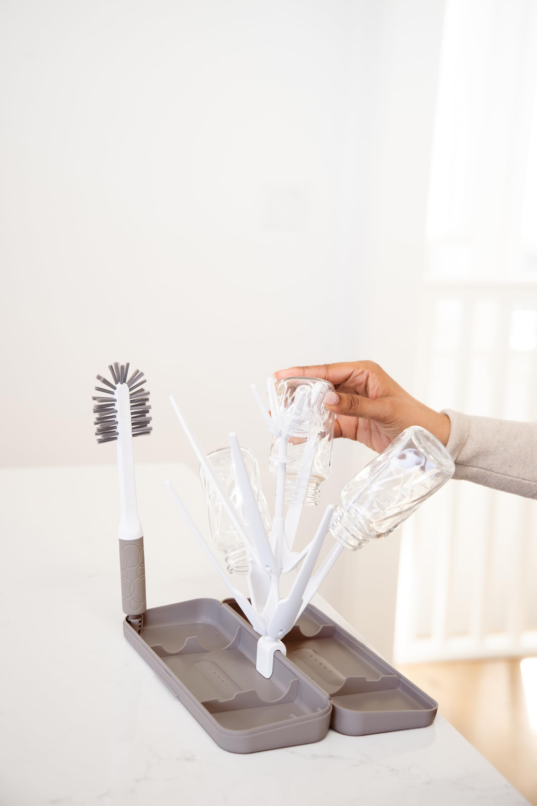 Ubbi On-The-Go Baby Bottle Drying Rack & Brush Set with Travel Case - Compact Storage for 8 Bottles - Taupe - Perfect for Travel, Daycare & On-the-Go Parents