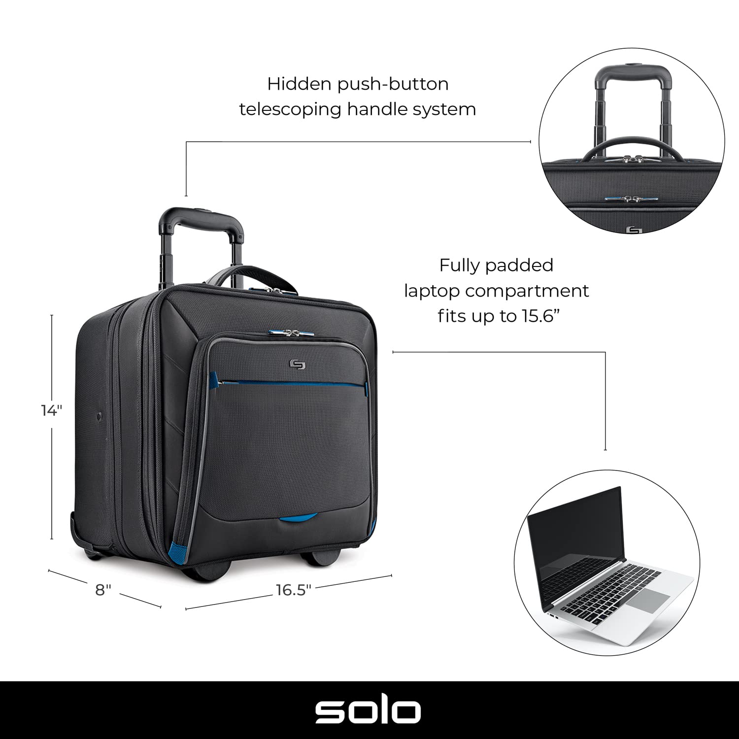 Solo New York Active Rolling Overnight Laptop Bag for Business Travel - 16 Inch Laptop Case for Women & Men (Black, 15