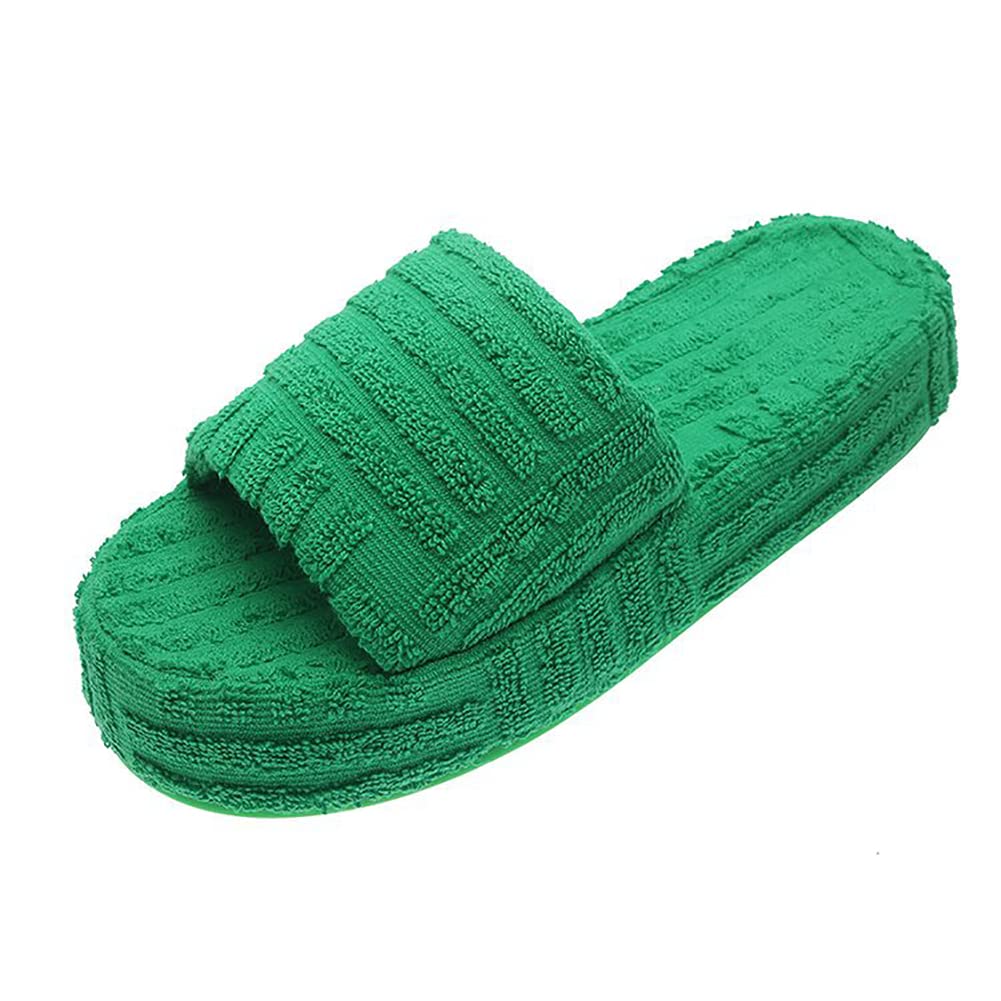 Women's Fuzzy Terry Cloth Open-Toe Slippers with Arch Support - Orthopedic Comfort House Shoes for Relaxing at Home (UK Size 4, Green) - Perfect for Lounging, Spa Days & Cozy Evenings