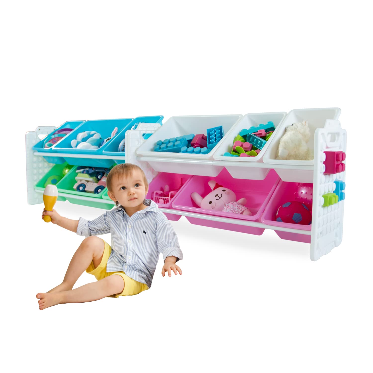 UNiPLAY 12-Bin Toy Organizer with Removable Storage Bins - Kids Book & Toy Storage for Building Blocks, School Supplies, Arts & Crafts - Sturdy Baseplate Frame (Pink) - Perfect for Playrooms, Classrooms & Daycare Centers