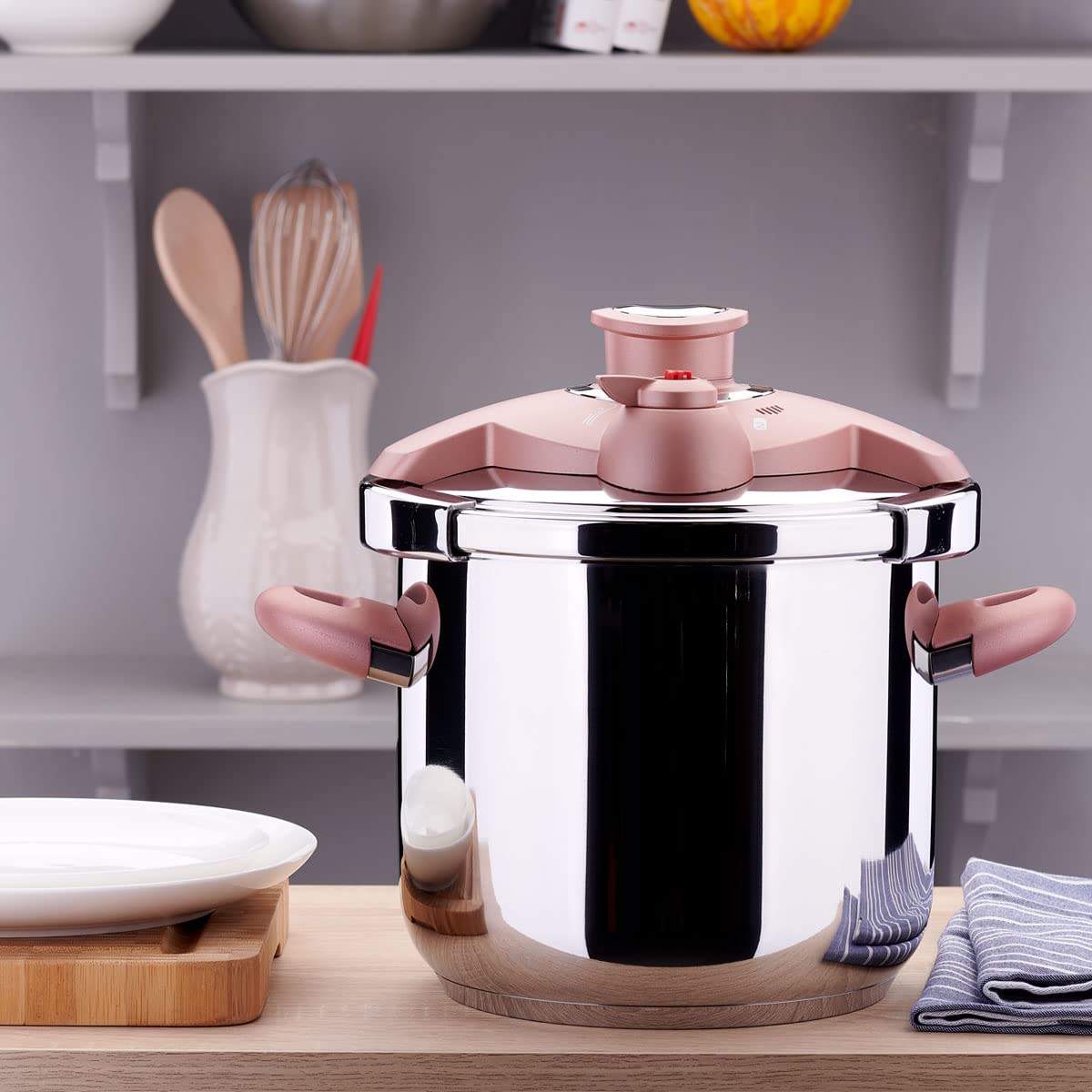 Korkmaz Bella 7.4 Quart Stainless Steel Pressure Cooker with Smart Lock System & Adjustable Pressure Settings - Fast & Safe Cooking for Soups, Stews & Meal Prep (Pink)