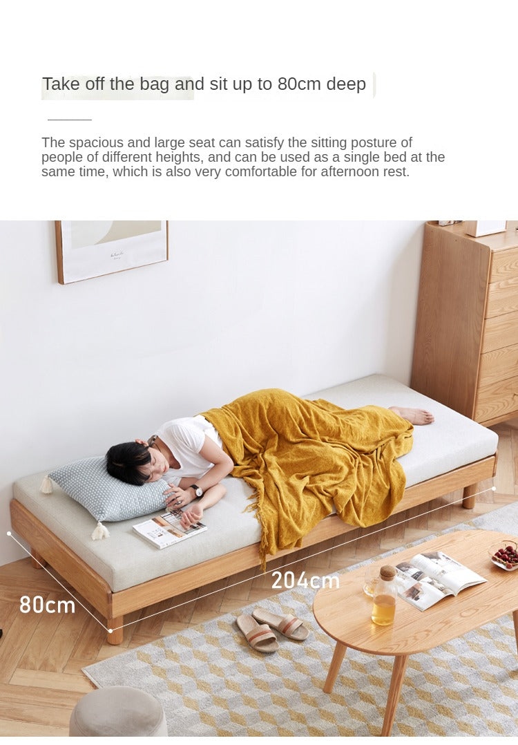 **Solid Oak Wood Tatami Fabric Sofa Bed - Convertible Folding Futon for Small Spaces, Guest Room & Apartment Living**