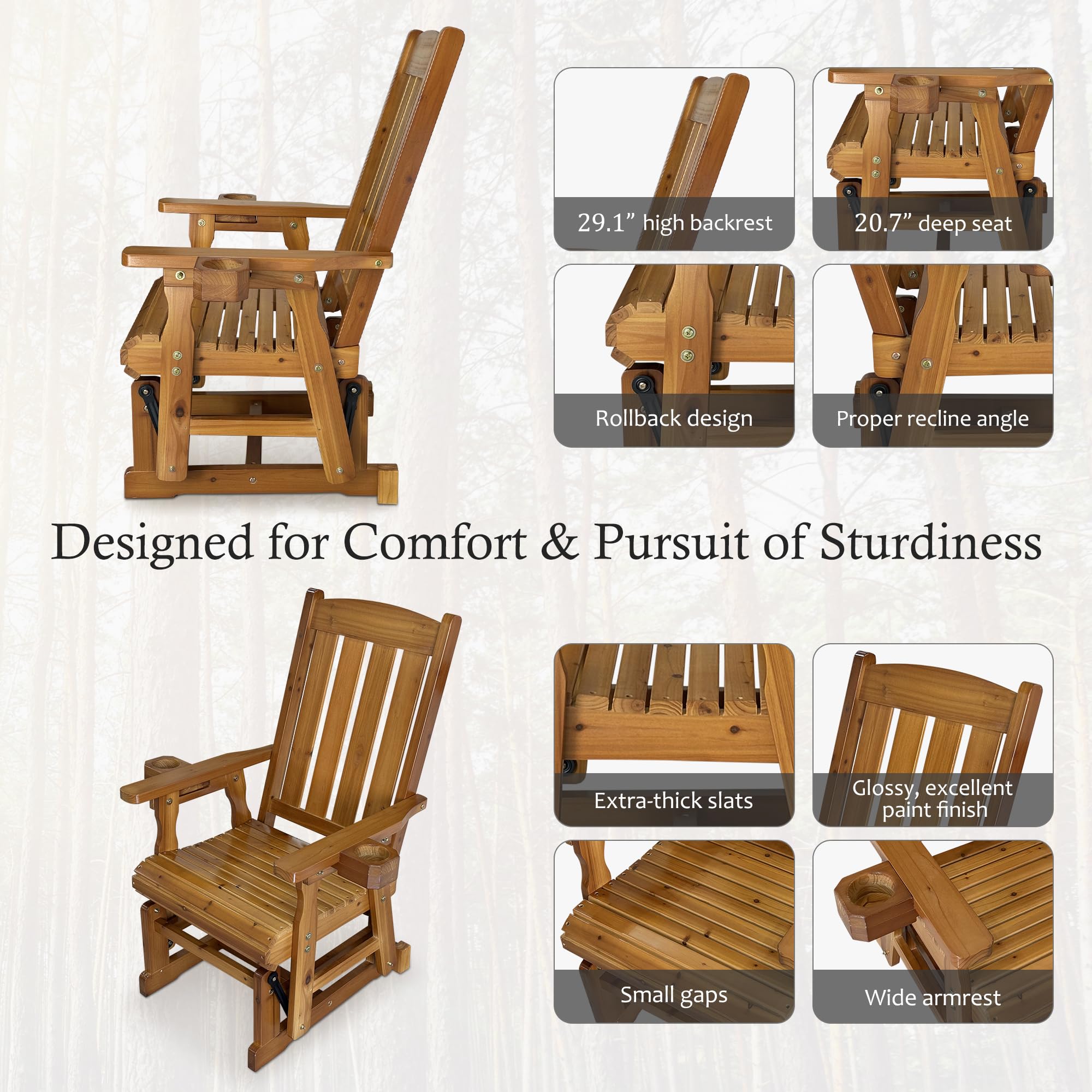 Fortune Candy Solid Fir Wood Patio Glider - Heavy Duty 600 lbs Capacity, High Back & Deep Contoured Seat for One Person (Cedar Tone) - Perfect for Porch, Deck, Garden Relaxation & Outdoor Lounging