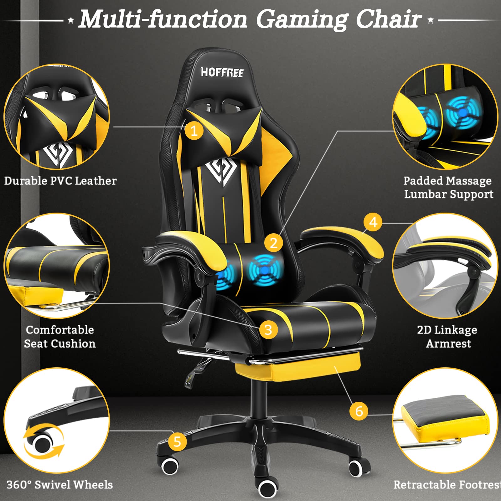 Ergonomic Gaming Chair with Bluetooth Speakers, RGB LED Lights & Massage - High Back Computer Chair with Adjustable Footrest & Lumbar Support (Yellow/Black) - Perfect for Esports, Streaming & Home Office Setup
