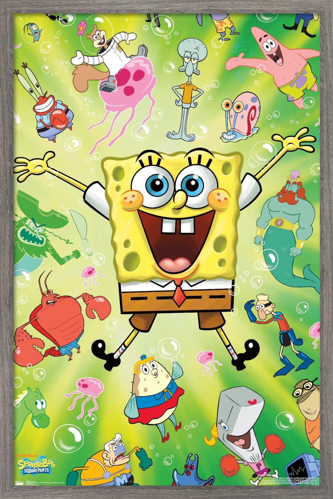 Trends International Nickelodeon SpongeBob SquarePants Burst Wall Poster - 22.375 x 34 Inches, Barnwood Framed Version - Perfect for Kids' Bedroom Decor, Game Room, and Cartoon Themed Party Decorations
