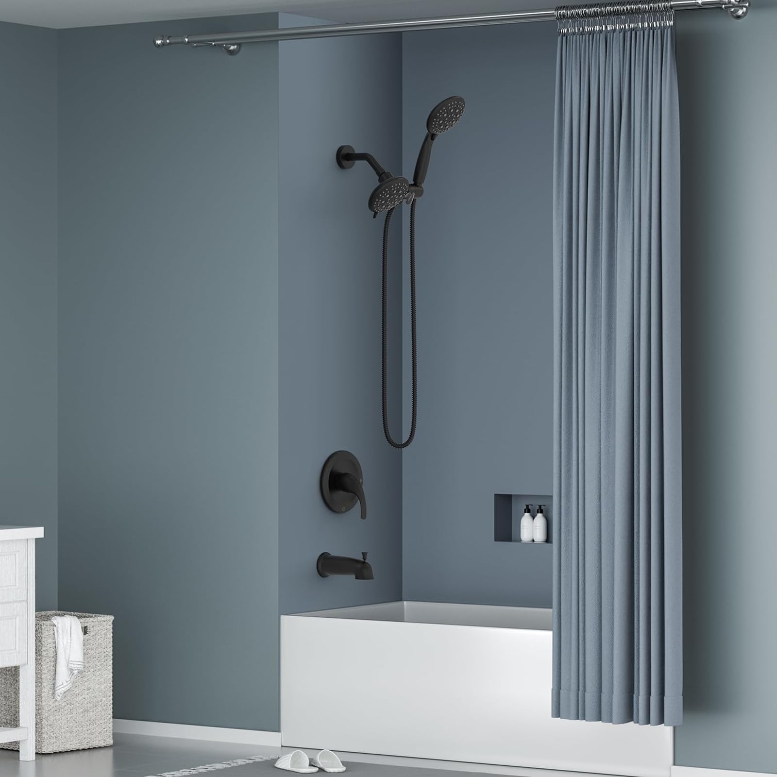 SR SUN RISE 35-Function Dual 2-in-1 Shower System with Tub Spout - Matte Black Single Handle Tub & Shower Faucet Combo Set with Patented 3-Way Diverter (Valve Included) - Perfect for Bathroom Remodeling & Modern Home Upgrade