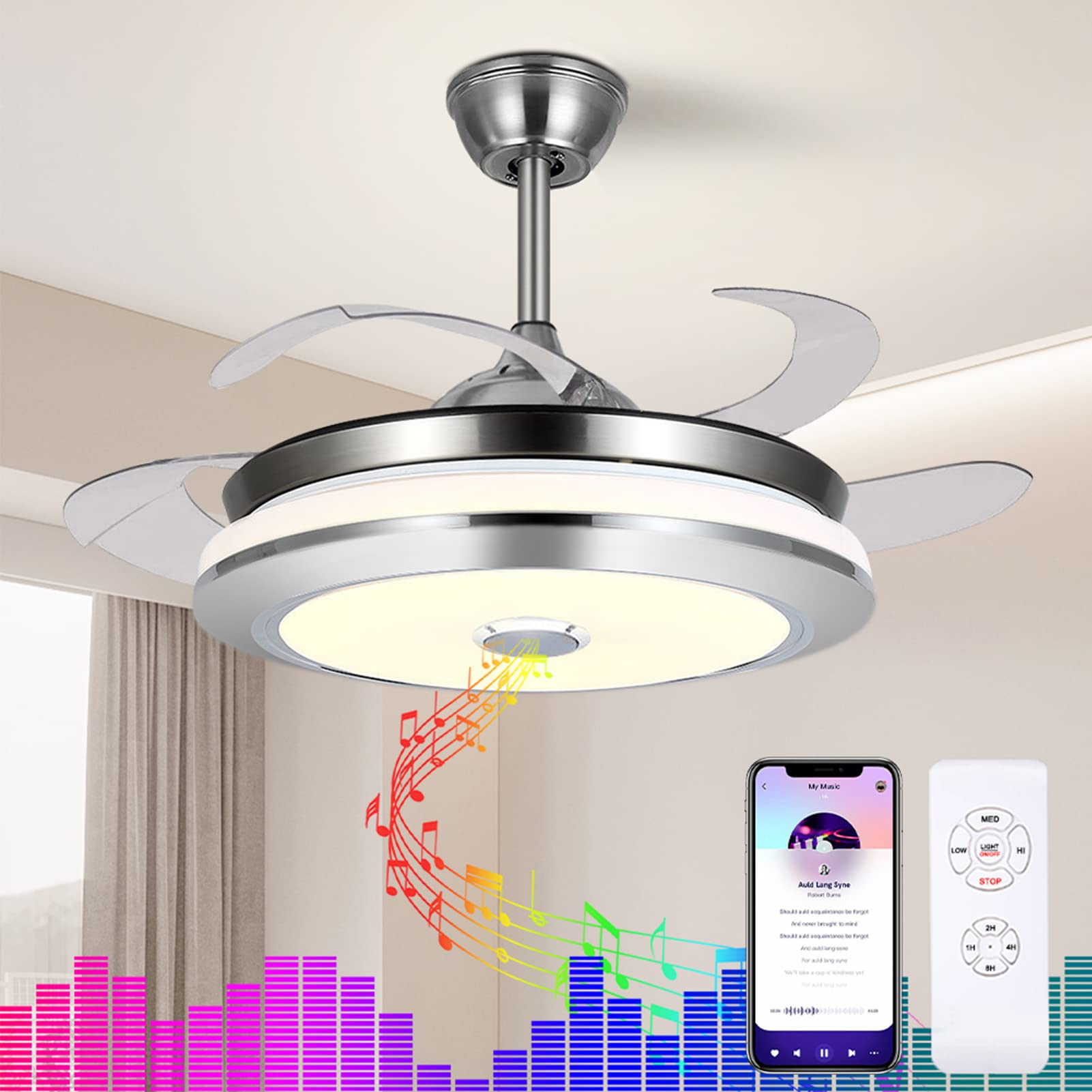 36 Inch Modern Ceiling Fan with Lights - Retractable Blades, Invisible Design, 3-Color Dimmable LED Chandelier Fan for Living Room, Bedroom & Dining Room - Energy Efficient Quiet Cooling & Stylish Lighting Solution