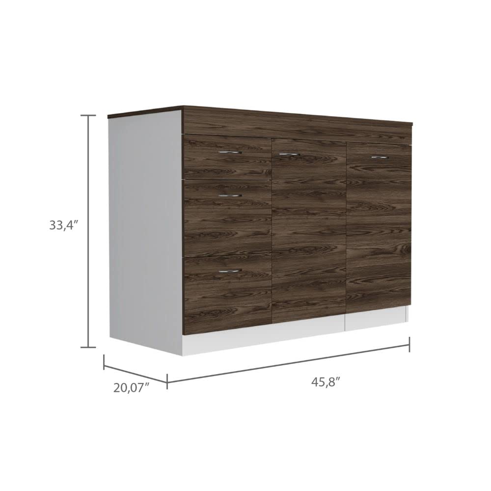 Joliet 36-Inch White & Dark Walnut Kitchen Base Cabinet with 3 Drawers & 4 Adjustable Shelves - Sturdy Storage Cabinet for Pantry, Laundry Room or Bathroom Organization