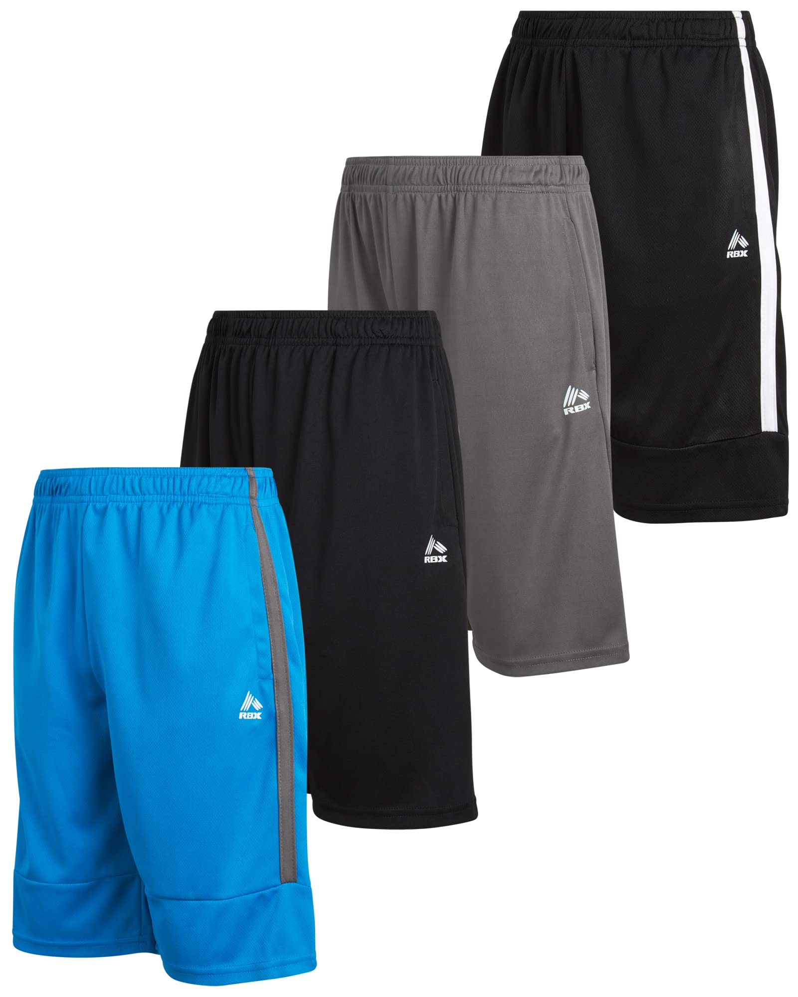 RBX Boys' Athletic Performance Basketball Shorts - 4 Pack Active Shorts for Running, Gym & Sports | Comfortable & Breathable for Kids' Workout & Play