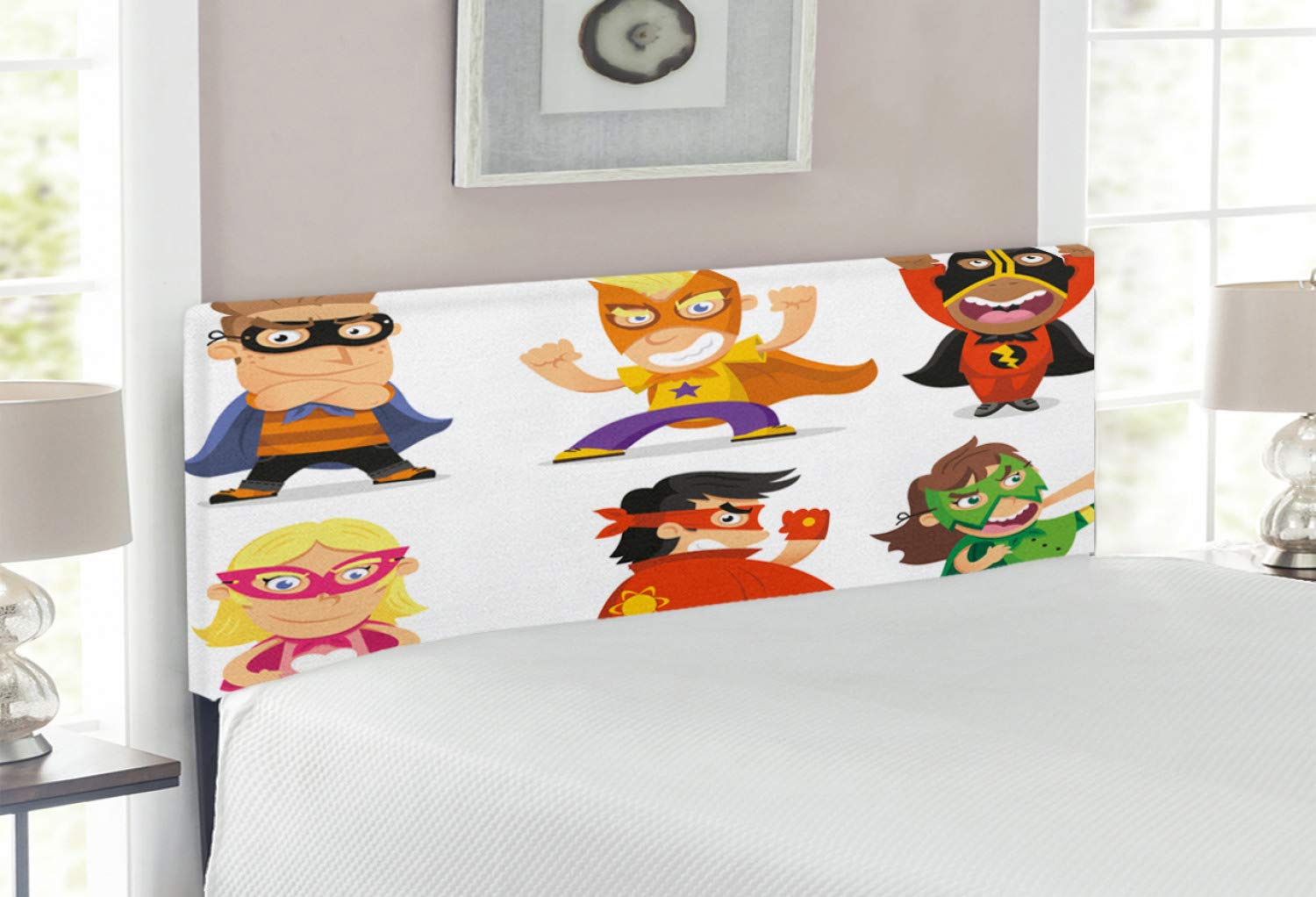 Lunarable Superhero Headboard - Funny Cartoon Superhero Design Upholstered Metal Bed Headboard with Memory Foam, Full Size, Multicolor - Perfect for Kids' Bedroom, Superhero Theme Room & Comic Lovers