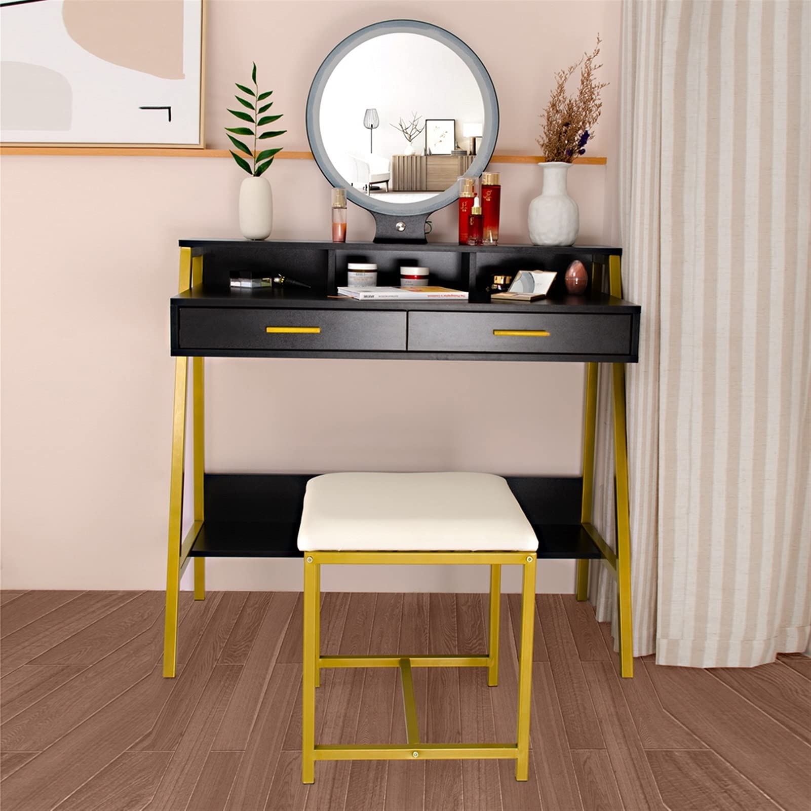 Golden LED Vanity Desk with Mirror & Drawers for Makeup - Black