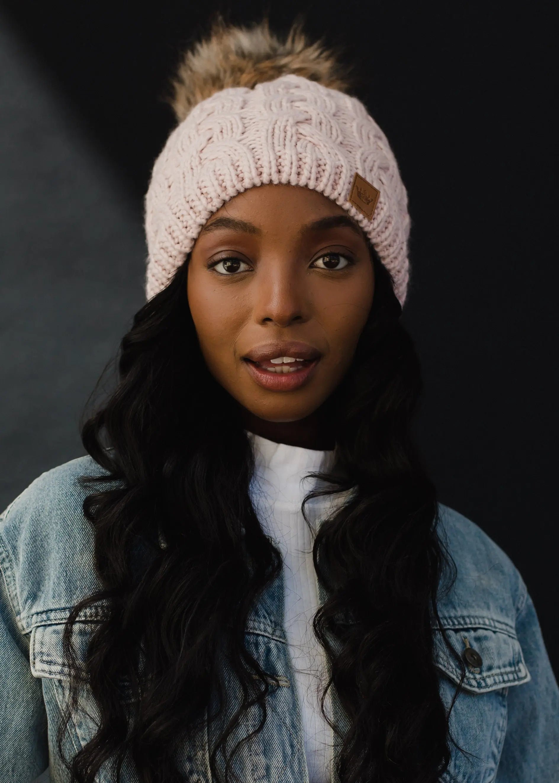 Blush Braided Knit Pom Beanie - Soft Winter Hat for Women | Cozy Cold Weather Accessory for Outdoor Activities, Skiing & Snowboarding