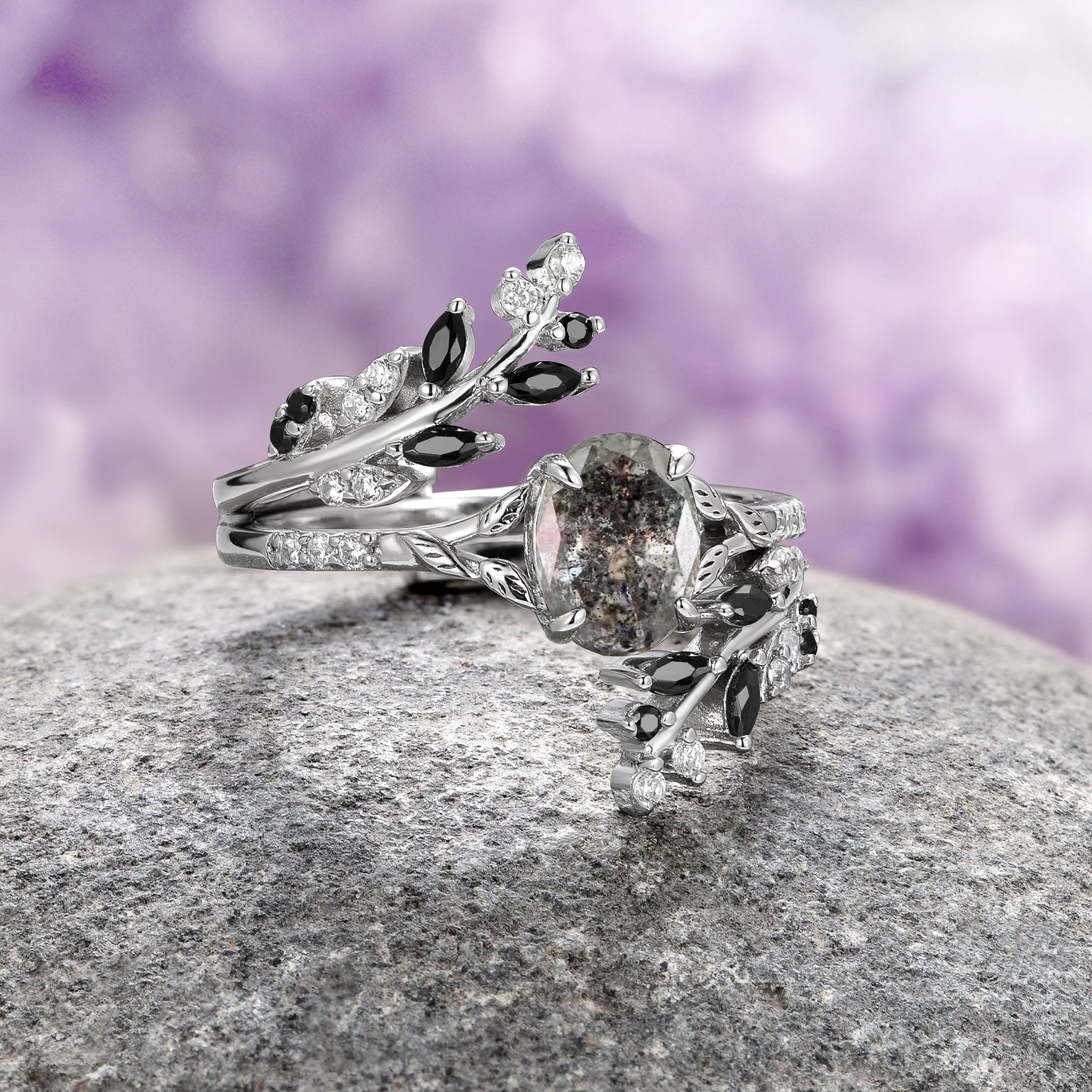 Salt and Pepper (Herkimer) Diamond & Black Onyx Leaf Ring Set in Sterling Silver - Elegant Nature-Inspired Jewelry for Women, Perfect for Weddings, Anniversaries & Everyday Wear