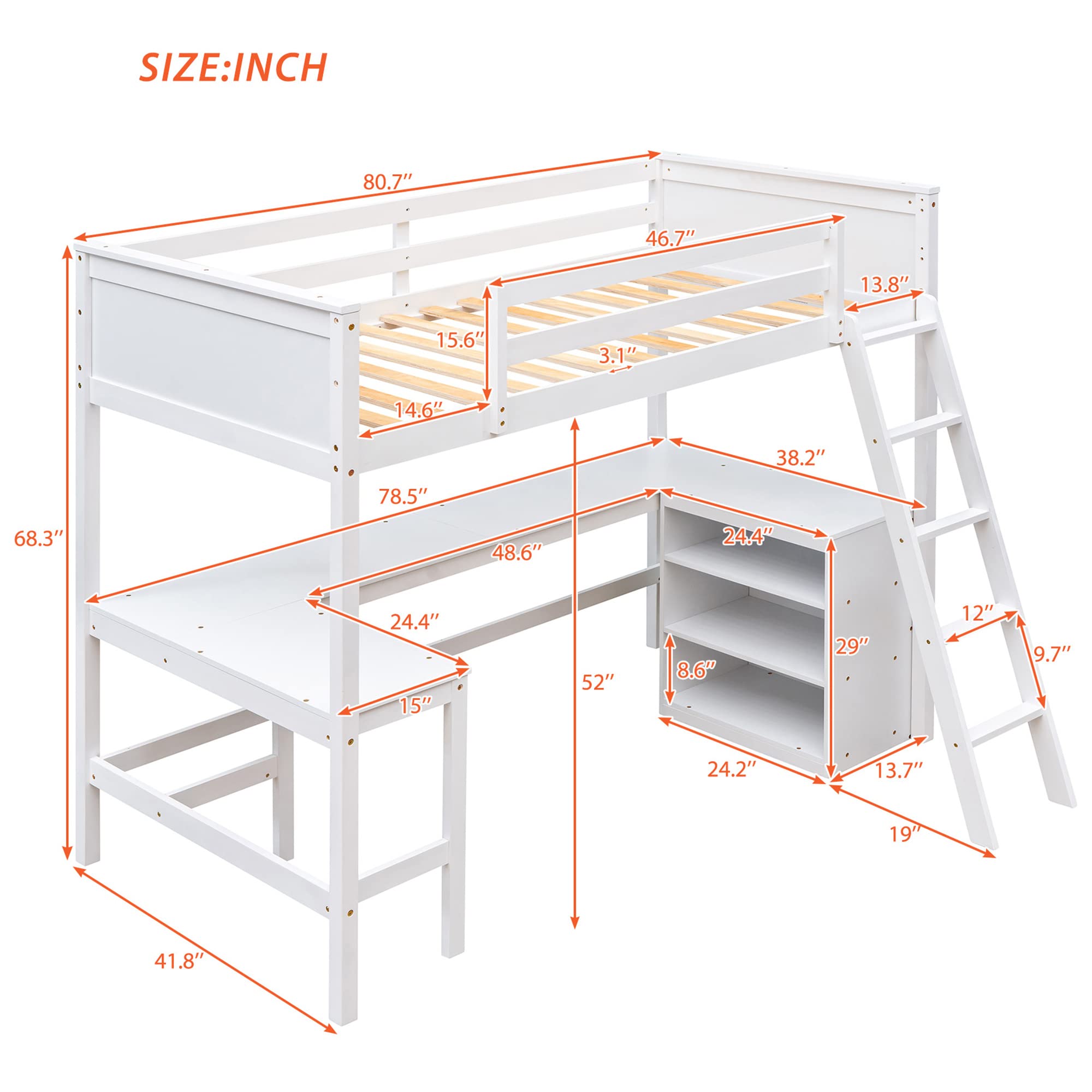 P PURLOVE Twin Loft Bed Frame with Shelves & Desk - Sturdy Wood Loft Bed for Teens, Kids & Adults - Space-Saving Design with Angled Ladder - No Box Spring Needed (White) - Perfect for Small Bedrooms, Dorms & Studio Apartments
