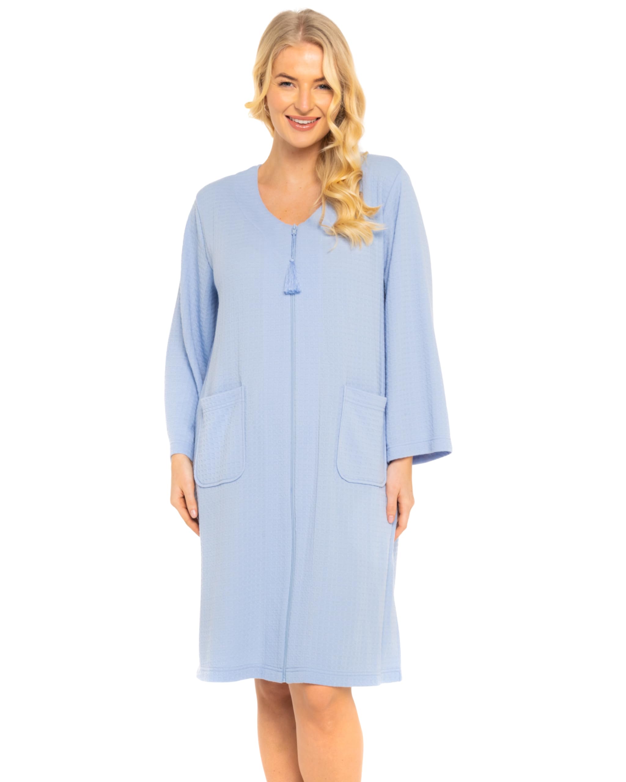 Women's Super Soft Waffle Jersey Zip Front Robe - Cozy Loungewear for Home, Spa & Relaxation