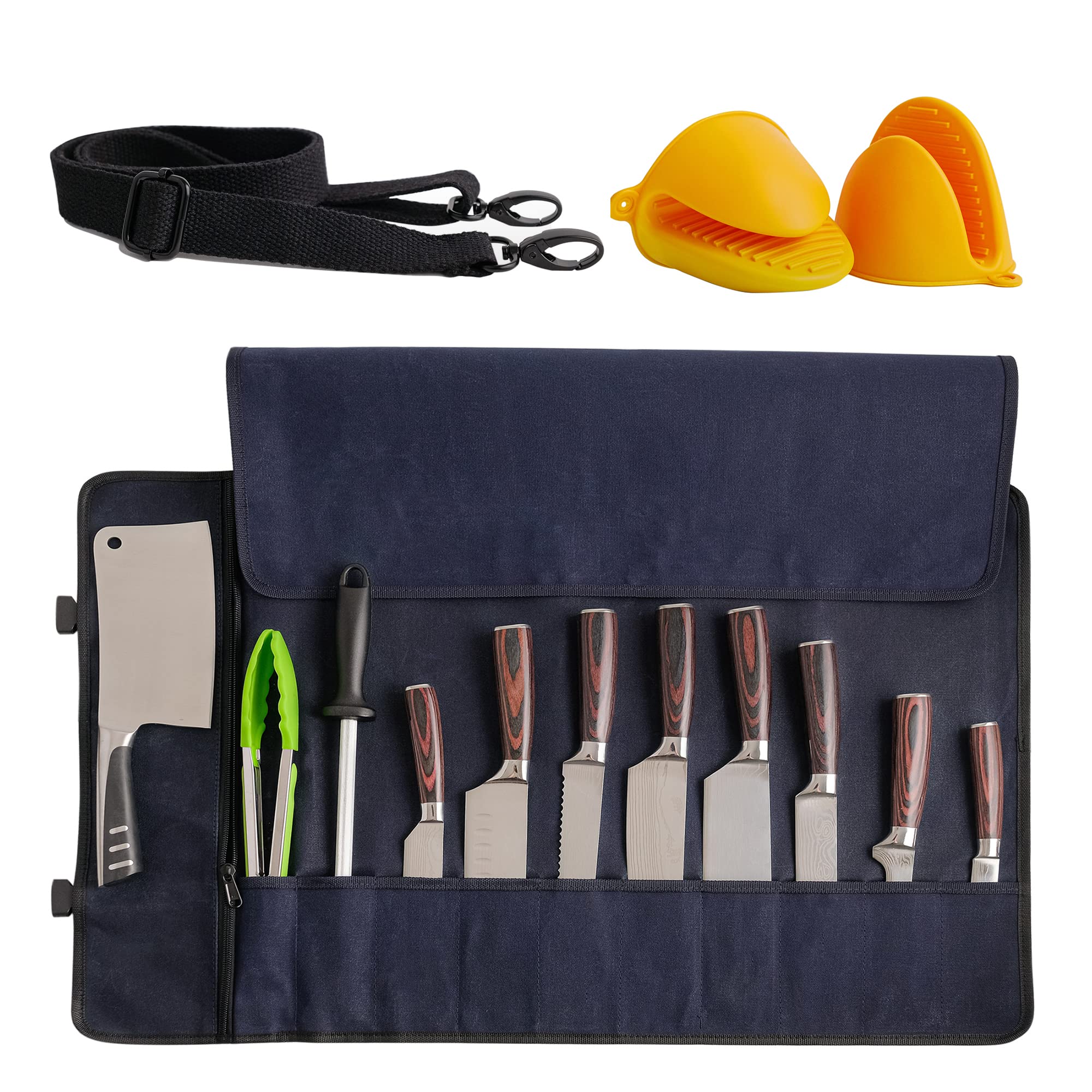 Professional Knife Roll Bag for Chefs - Durable & Stylish Navy Blue Knife Storage Case - Perfect for Culinary School, Kitchen, Travel & BBQ