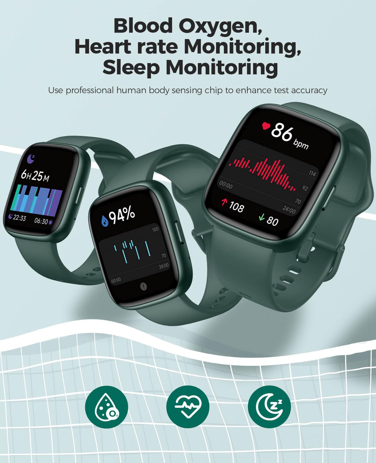 Smart Watch with Alexa Built-in, Fitness Tracker for Women & Men - Compatible with Android & iPhone, IP68 Waterproof, Heart Rate/Sleep/Stress Monitor, 100+ Sports Modes - Perfect for Running, Swimming & Daily Activity Tracking (Green)