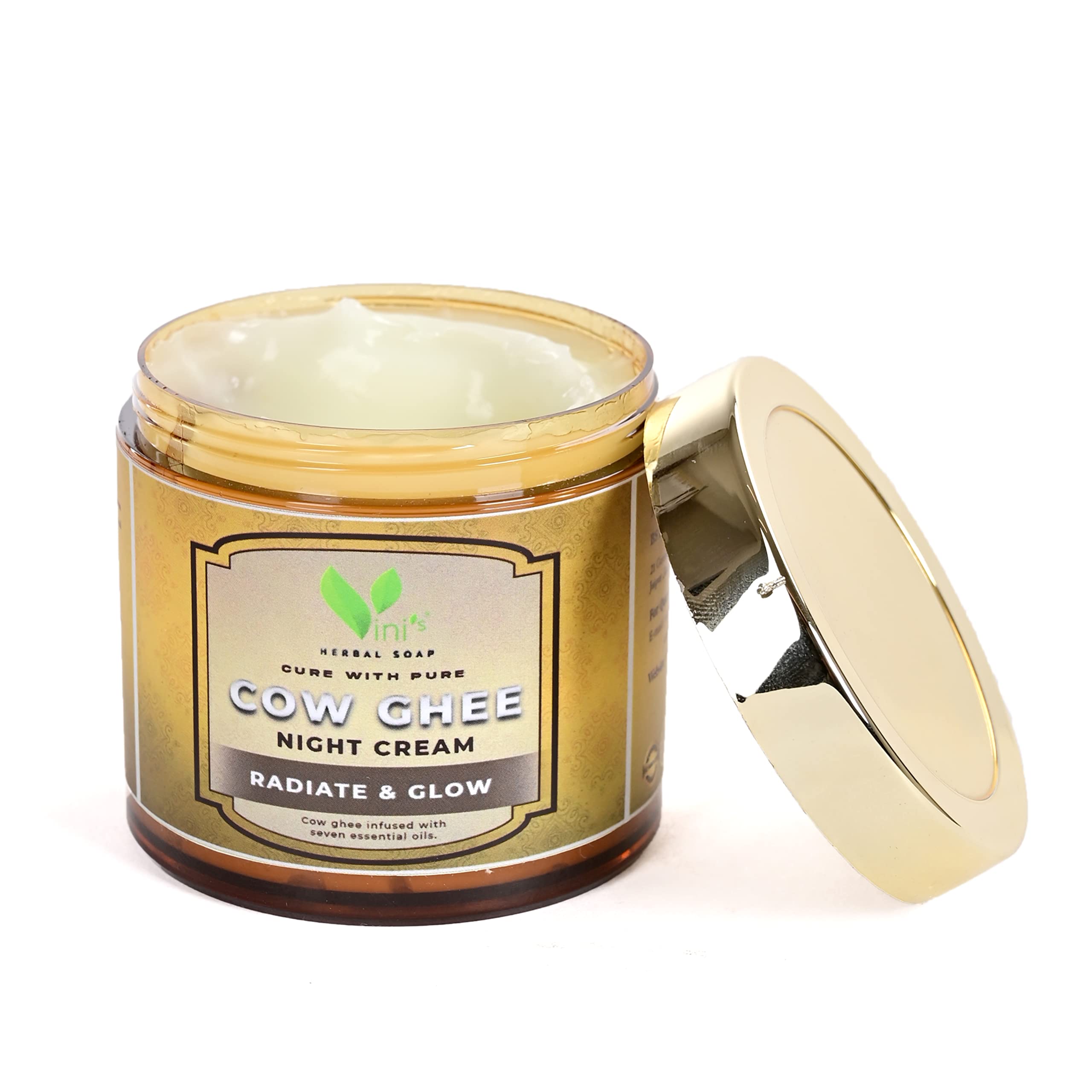 Vini's Herbal Cow Ghee Night Cream - Anti-Aging & Anti-Wrinkle Face Moisturizer for Glowing Skin | Brightening & Hydrating Cream for Nighttime Skincare Routine | Perfect for Dry & Mature Skin