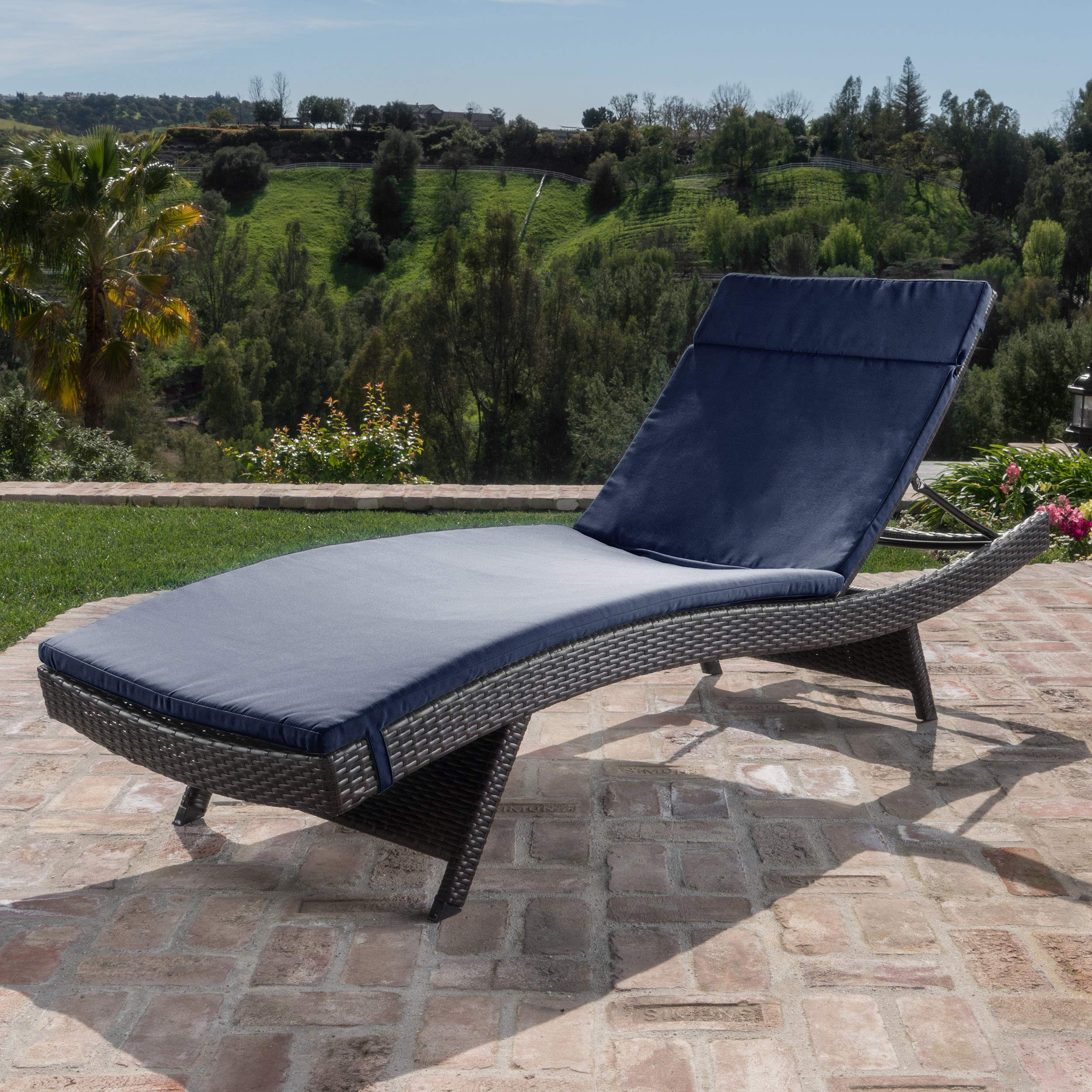 Christopher Knight Home Lakeport Outdoor Wicker Adjustable Chaise Lounge - Brown/Navy - Patio, Poolside & Garden Relaxation Chair for Backyard & Deck