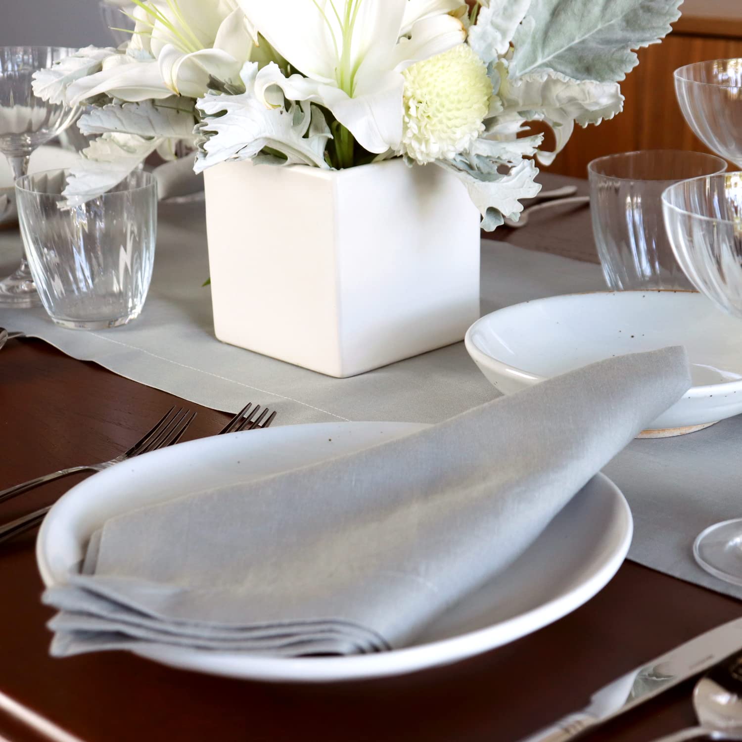 Luxury Silver Grey Linen Table Runner 14x126 - Premium Italian Linen Handcrafted in USA - Elegant Dining Table Decor for Weddings, Dinner Parties & Home Decor